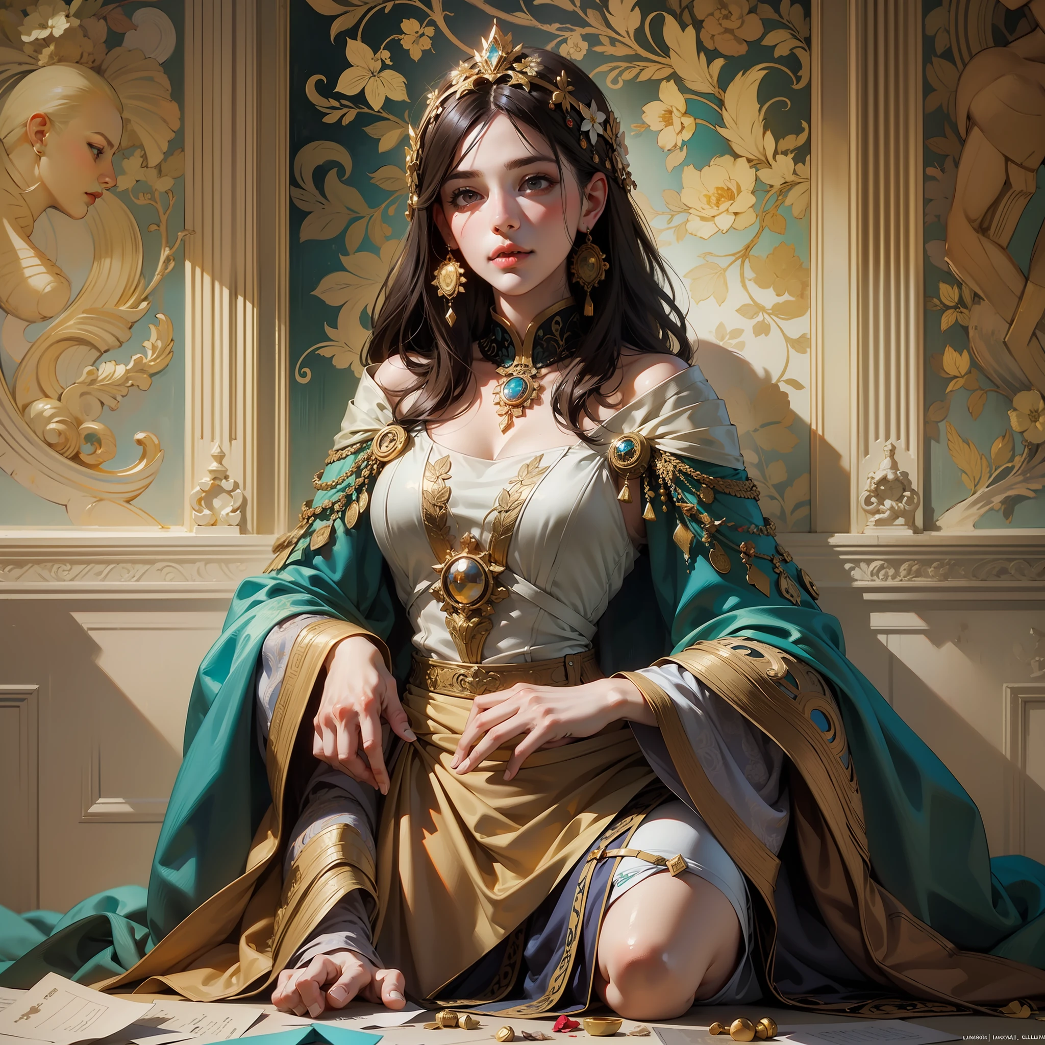 photorealistic beautiful woman, messy brown hair, beggar, full body, cover, hyperdetailed painting, luminism, Bar lighting, complex, ancient greek clothes, messy brown old clothes, 4k resolution concept art, Artgerm, WLOP, Alphonse Mucha, 3d render, octane render, intricately detailed, cinematic, trending on artstation | Isometric | Centered hipereallistic cover photo awesome full color, hand drawn, dark, gritty, realistic mucha, klimt, erte .12k, intricate. hit definition , cinematic,Rough sketch, mix of bold dark lines and loose lines, bold lines, on paper, Full body.