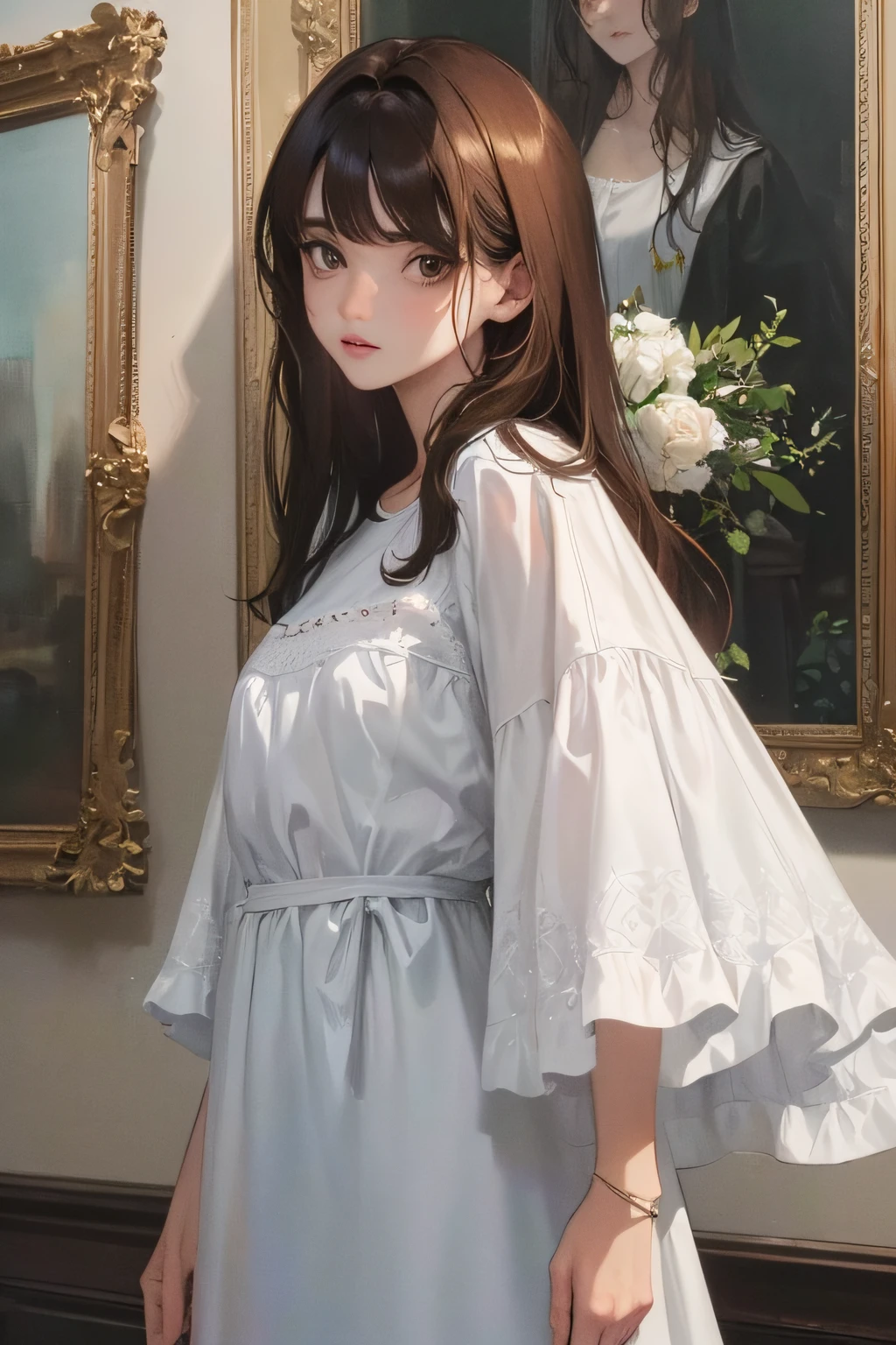 (Highest resolution, distinct_image) Best quality, A masterpiece of women, Highly detailed, Half realistic,(Most of the body),cabelos preto e longos, bangs, 20 years old, whitet-shirt,sharpy face,(Brown eyes, Air bangs), Fluorescent long coating (Broken glass),(Background of the ward),effeminate, Serious,(Standing painting),(Exquisite facial features, Exquisite facial features)