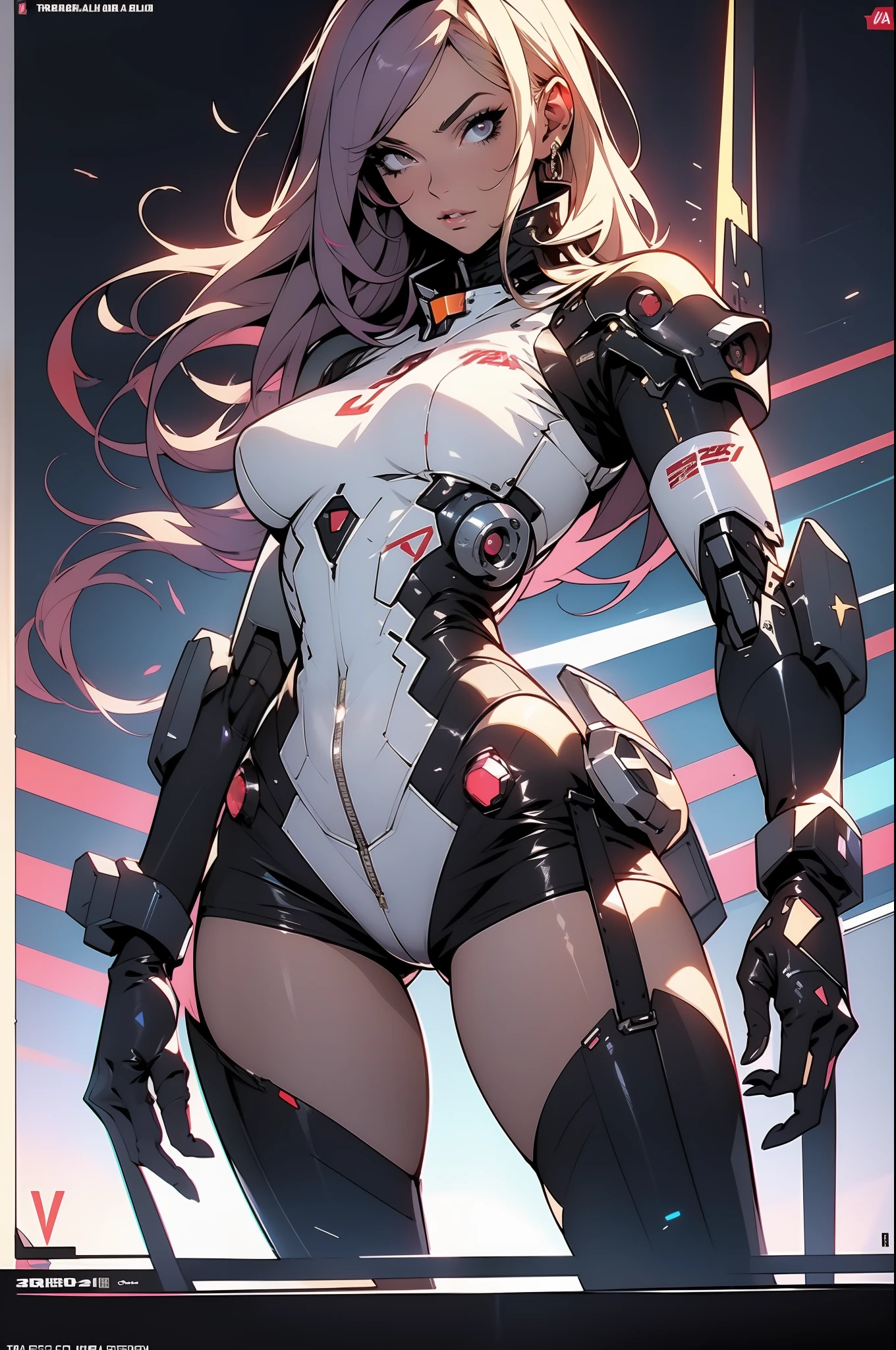 Beautiful cybernetic girl detailed muscles realistic masterpieces full figure pose (best quality,ultra-detailed), red hair, fair skin, fit body, slim figure, narrow waist, large buttocks, (cocky expression), combat gear, black mobile battle suit, dynamic poses - auto