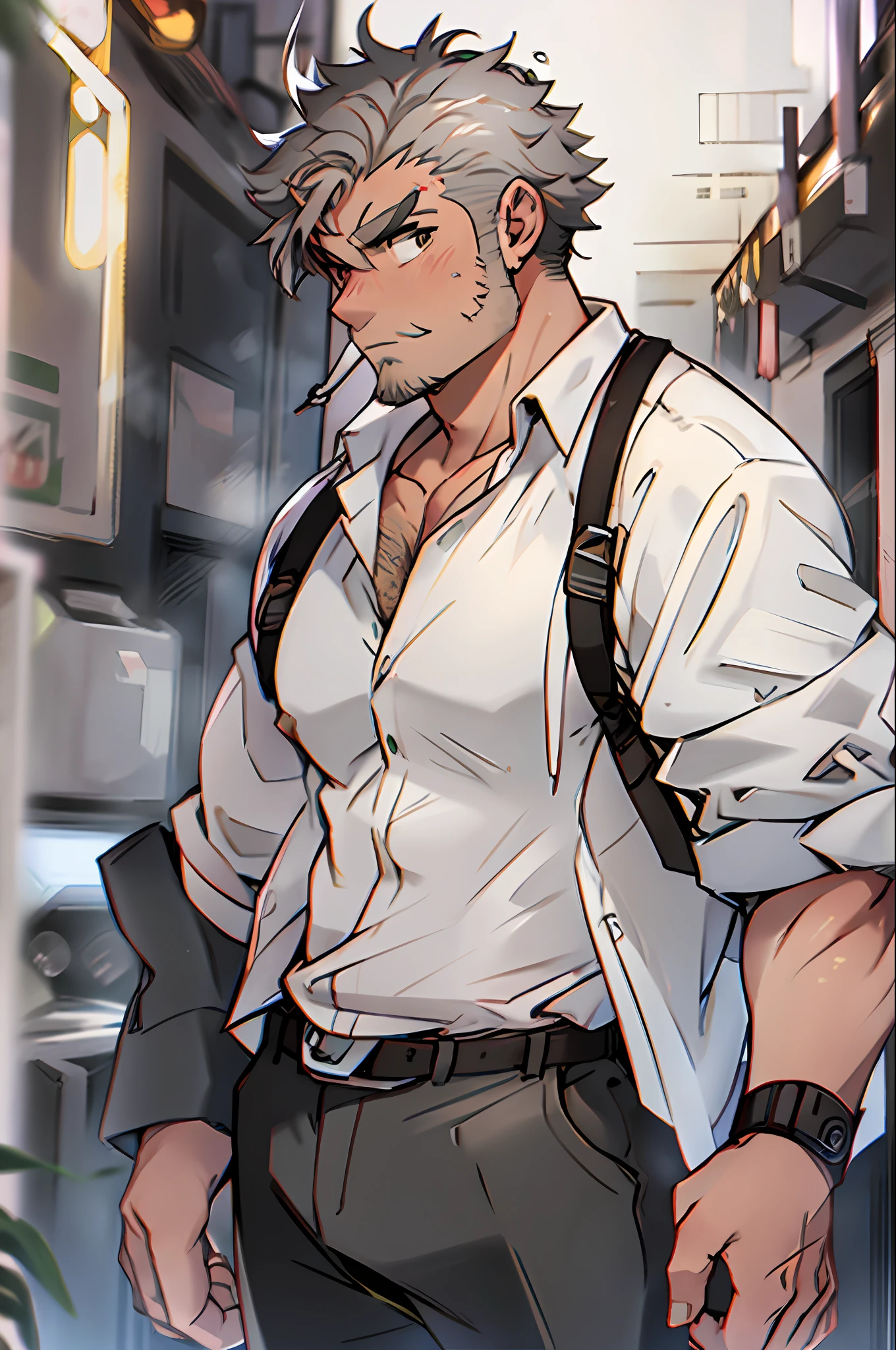 Farmer, white shirt, hirsute, ash-grey hair