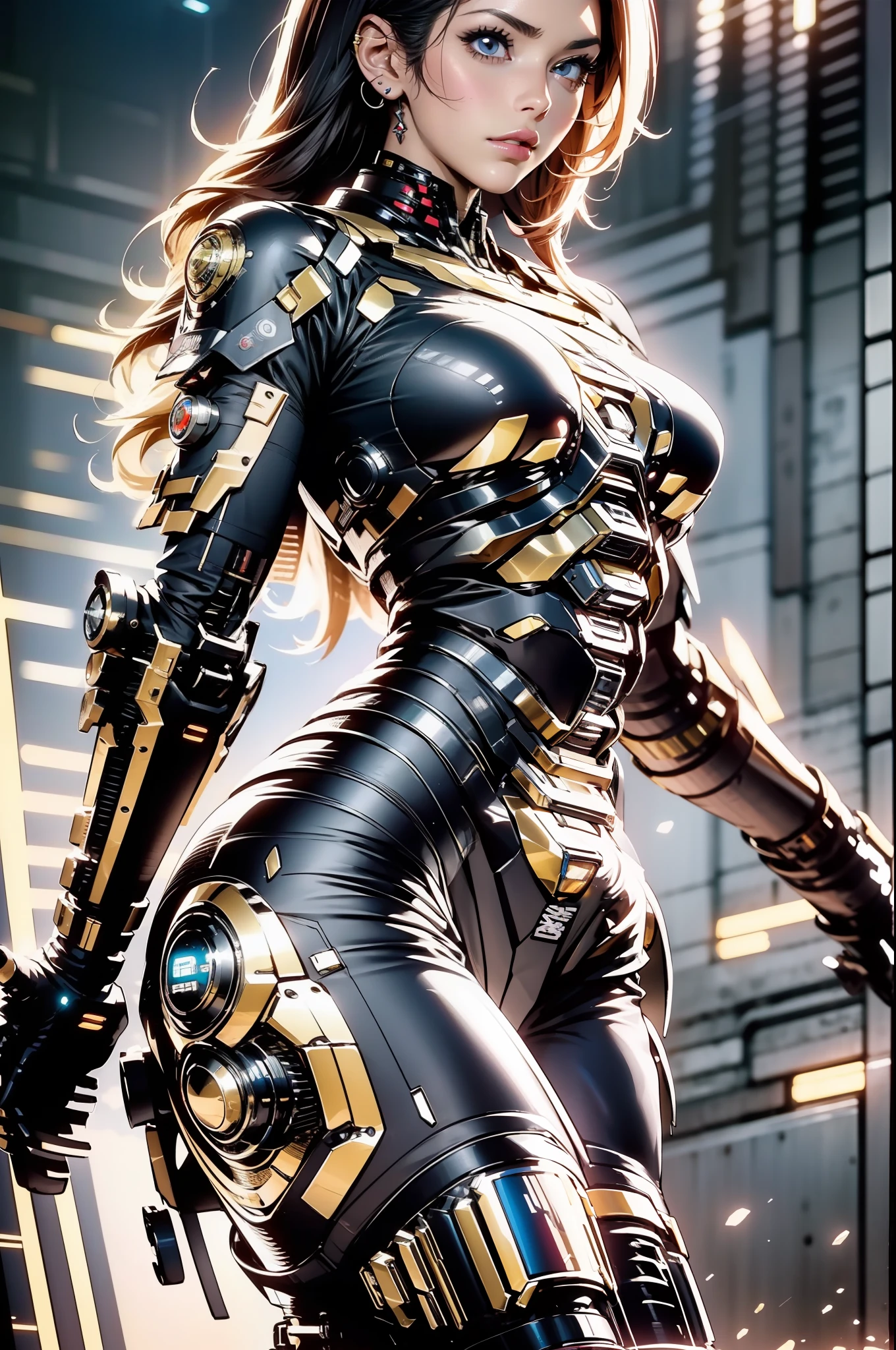 Uma mulher adulta poderosa em seu traje mecha mega detalhado, armamento pesado, viseira cyberpunk, grafismos hi-tech por todo o traje, melhor qualidade, obra prima, pose sexy, corpo perfeito