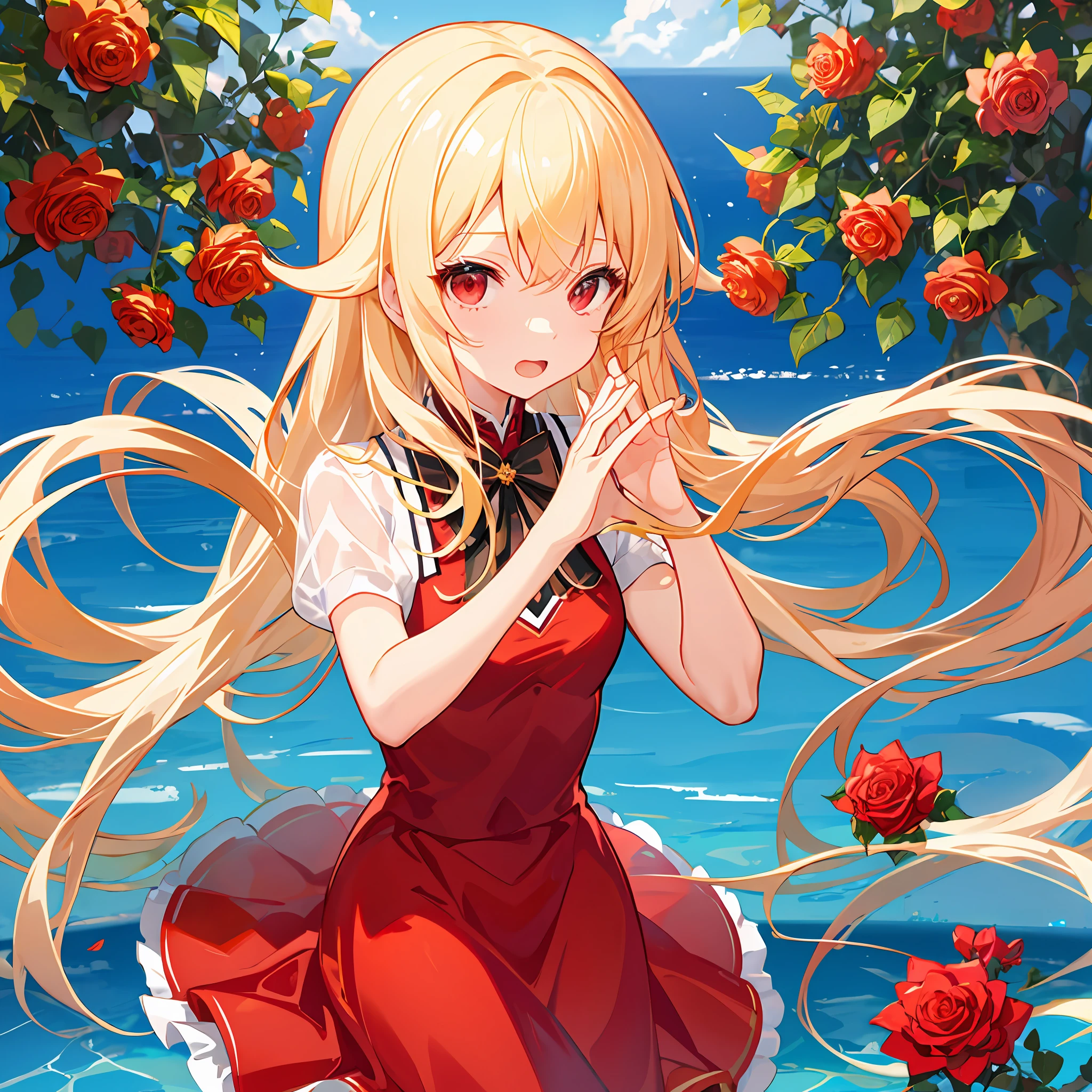 hair wavy、One blonde girl、独奏、red eyes、lonely、Bright red dress、rose garden