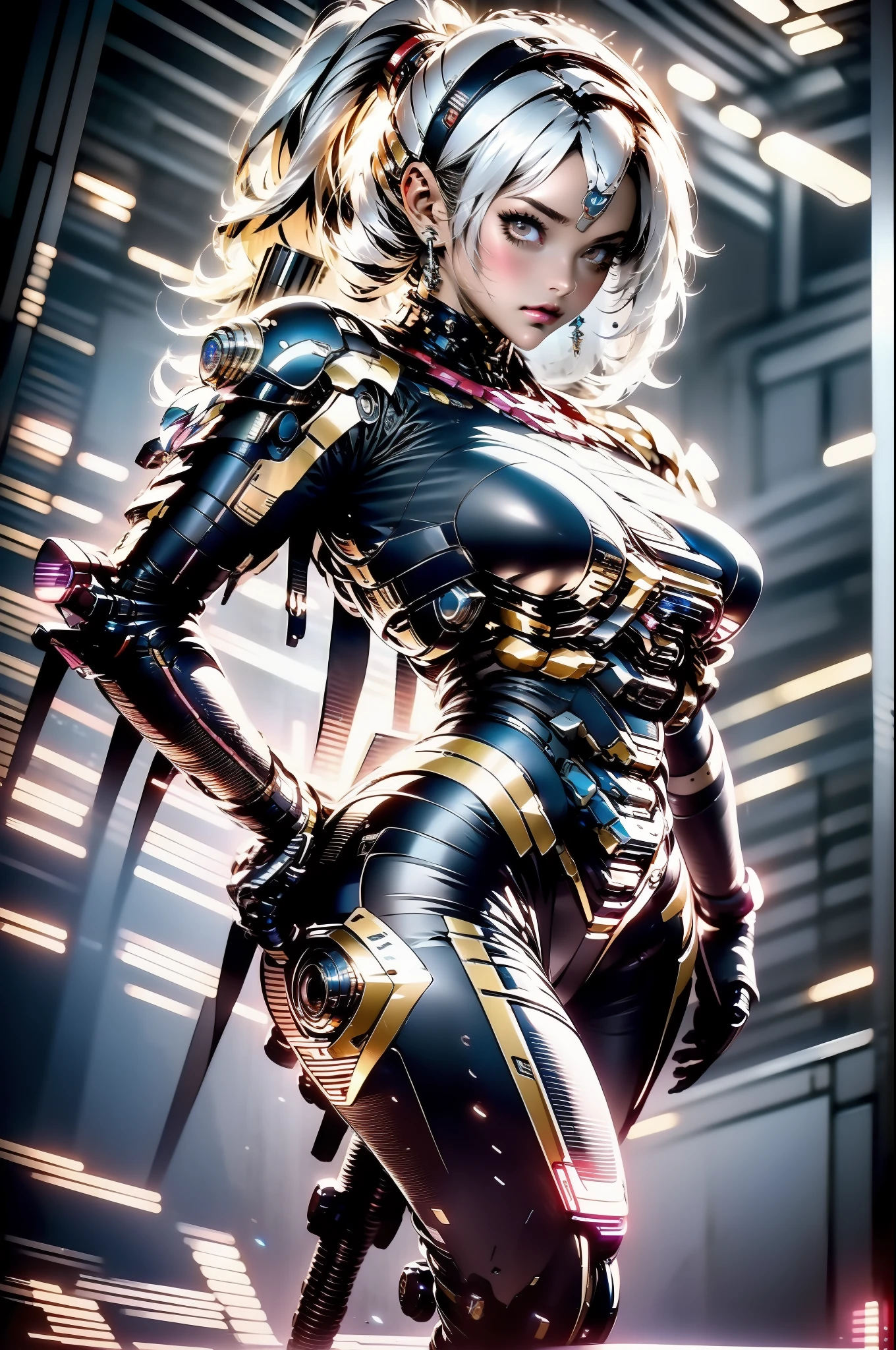 Uma mulher adulta poderosa em seu traje mecha mega detalhado, armamento pesado, viseira cyberpunk, grafismos hi-tech por todo o traje, melhor qualidade, obra prima, pose sexy, corpo perfeito