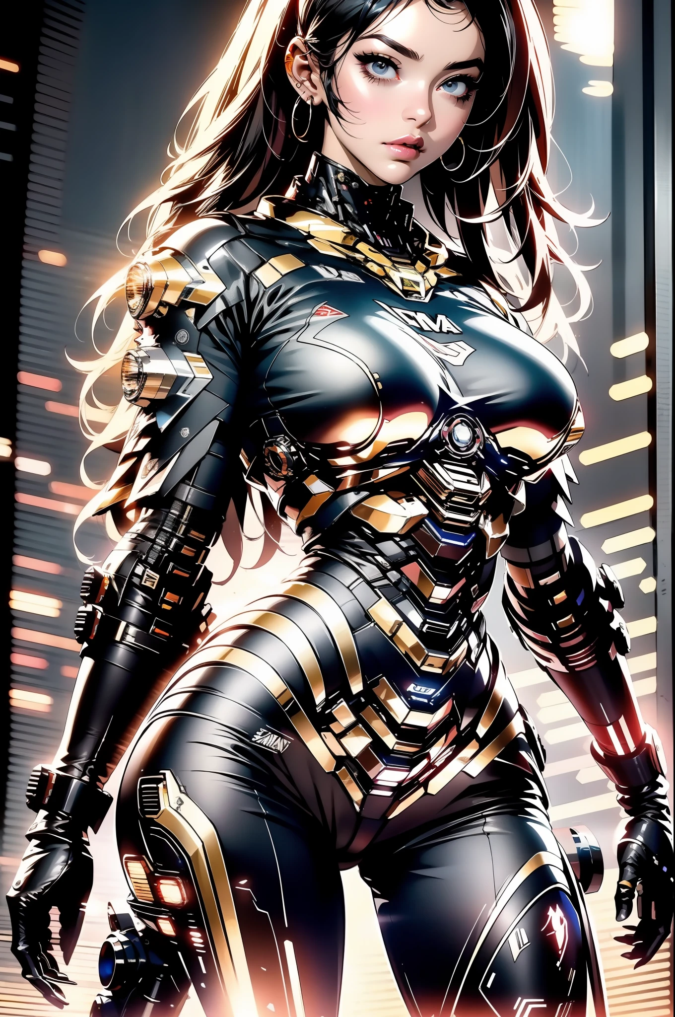 Uma mulher adulta poderosa em seu traje mecha mega detalhado, armamento pesado, viseira cyberpunk, grafismos hi-tech por todo o traje, melhor qualidade, obra prima, pose sexy, corpo perfeito