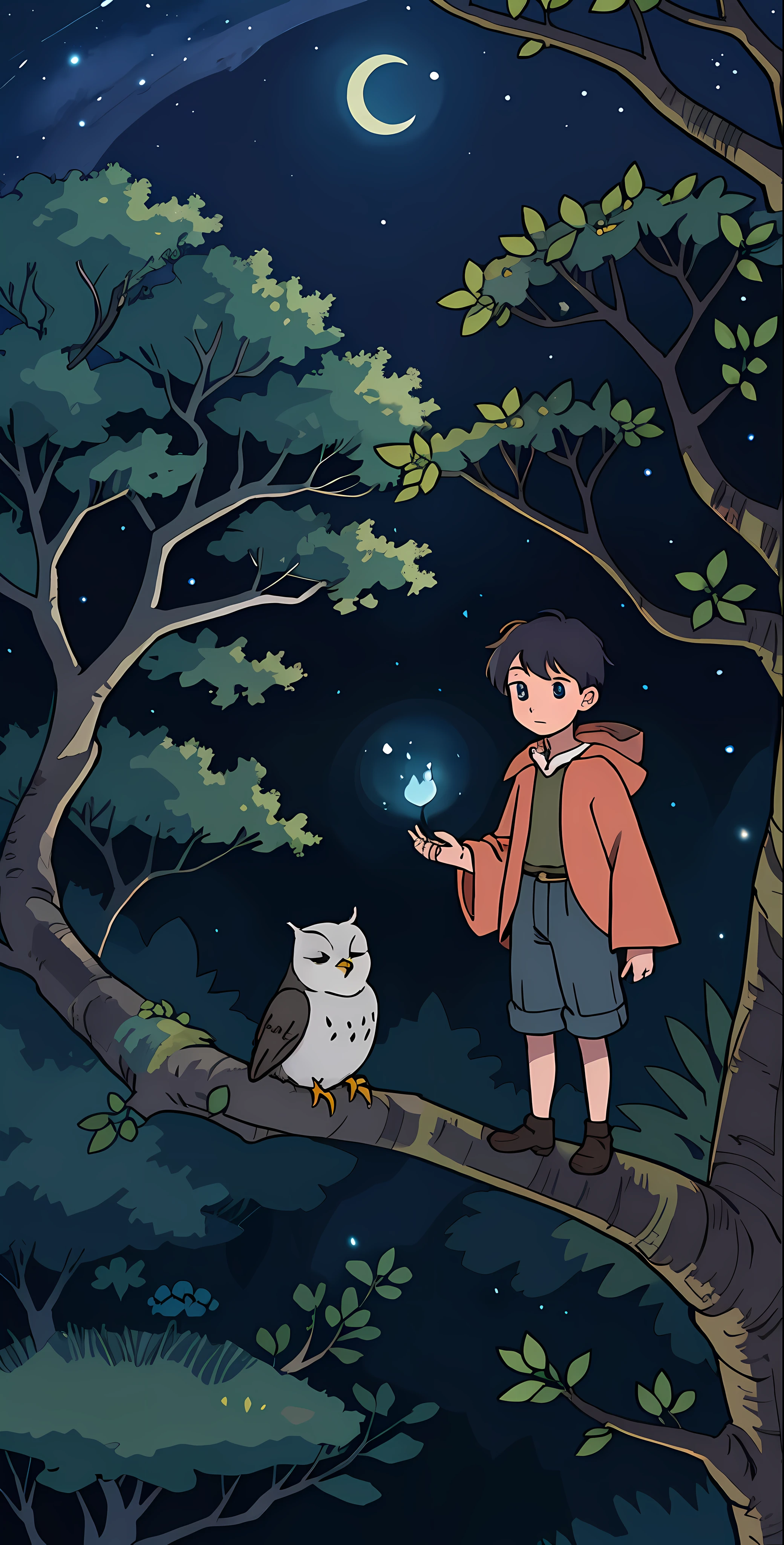 An enchanting illustration for a children's storybook depicting Leo and Oliver's magical encounter in the heart of the enchanted forest. Leo, a young and inquisitive boy, stands in awe as he gazes at Oliver, the wise old owl perched on a majestic tree branch. The moonlight casts a soft glow, illuminating the scene with a touch of mystery. Oliver, with his eyes filled with wisdom, captivates Leo's attention as he shares tales of mythical creatures and riddles that lie ahead on their adventure. The illustration showcases the lush beauty of the enchanted forest, with vibrant flora and twinkling fireflies adding to the magical atmosphere. The colors are rich and inviting, evoking a sense of wonder and intrigue. Leo's expression of awe and curiosity is mirrored in the readers' own imagination, sparking their curiosity and sense of adventure. Inspired by the enchanting storytelling of Studio Ghibli and the whimsical illustrations of children's classics, this artwork invites young readers to embark on a journey of discovery, imagination, and friendship
