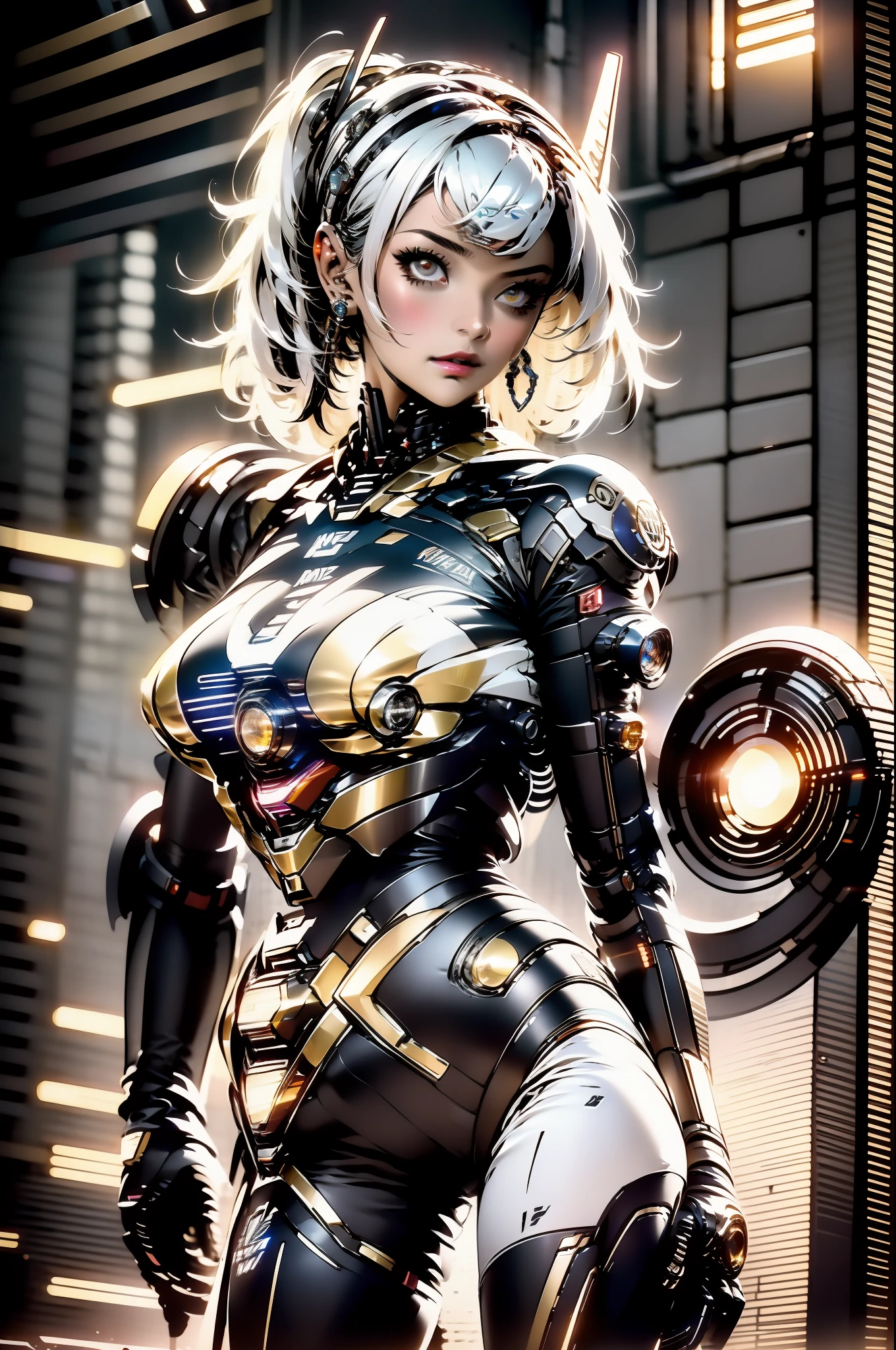 Uma mulher adulta poderosa em seu traje mecha mega detalhado, armamento pesado, viseira cyberpunk, grafismos hi-tech por todo o traje, melhor qualidade, obra prima, pose sexy, corpo perfeito