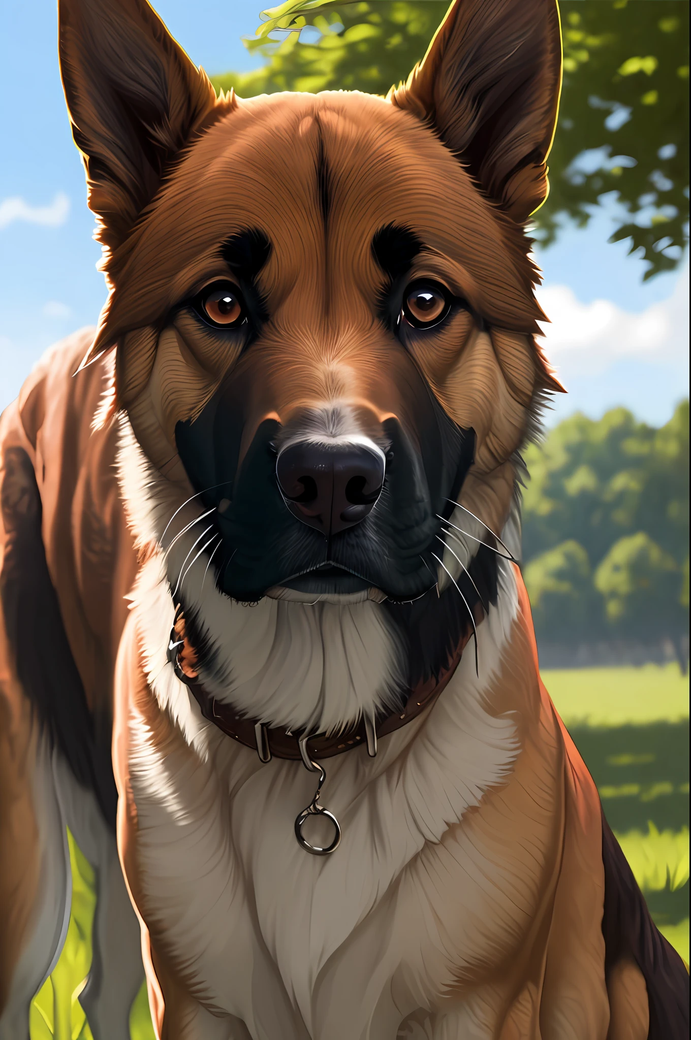 A realistic painting of a noble German Shepherd dog in a green field, his fur glistens in the warm sunlight, showing the black, tan and brown markings, his strong body is tense and vigilant, his ears are erect and his eyes are piercing, he stares at the viewer with a serious expression, his tail is down and steady, the portrait shows the fine details of his fur, behind him is a red barn, he looks like he is ready to protect his territory, photorealistic painting