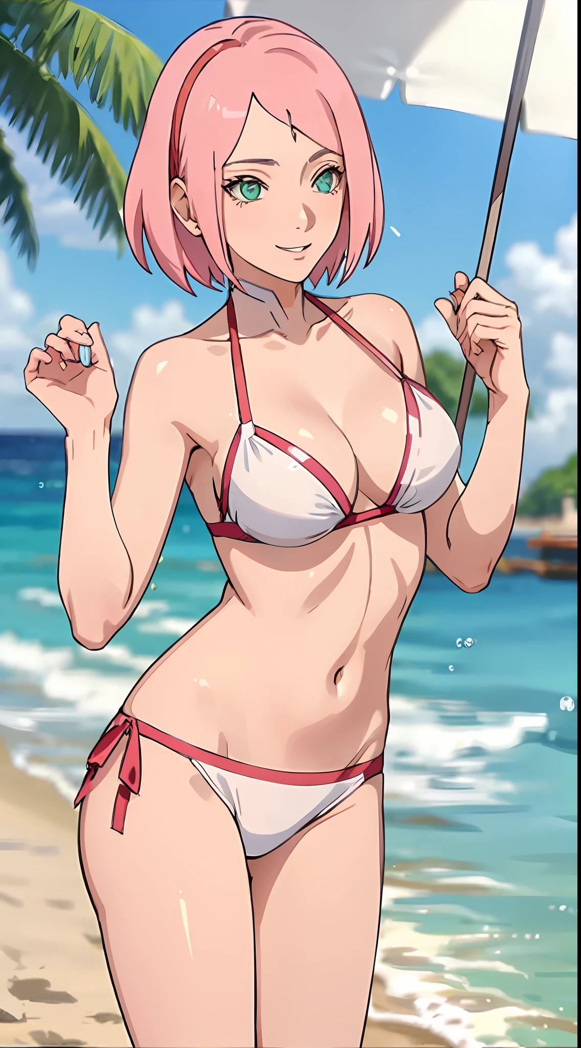 Haruno sakura, short hair,  medium breast, cleavage, navel, slim legs, pink hair, happy, white side tie bikini, bokeh, beach, sunny day, sparkling eyes