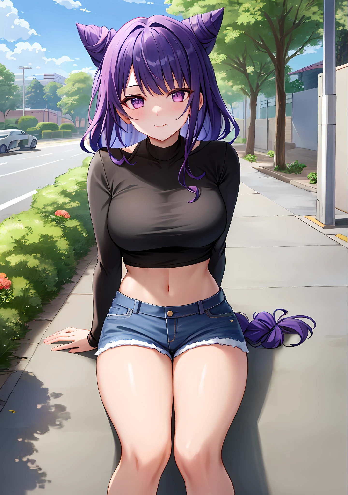 (masterpiece, best quality, ultra-detailed), Raiden shogun \(genshin impact\), (purple hair), cone hair bun, twin tails, long hair, swept bangs, braid, braided bangs, purple eyes, pink eyes,
(wearing a t-shirt:1.2), sitting on a chair outside of caf, embracing the natural beauty, sunlight, beautiful cloudy sky, city, street, denim shorts, black stocking,
medium breasts, thick thighs, critical angle, cowboy shot, arm behind head, arm behind back, armpits, light smile, crop top, strong and seductive expressions,,