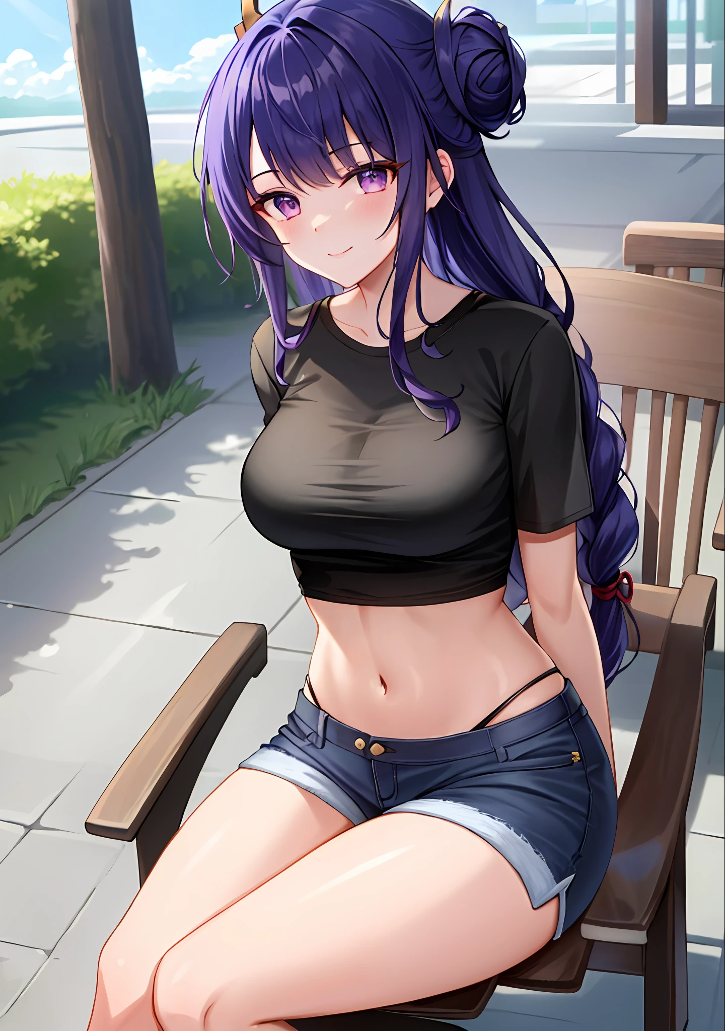 (masterpiece, best quality, ultra-detailed), Raiden shogun \(genshin impact\), (purple hair), cone hair bun, twin tails, long hair, swept bangs, braid, braided bangs, purple eyes, pink eyes,
(wearing a t-shirt:1.2), sitting on a chair outside of caf, embracing the natural beauty, sunlight, beautiful cloudy sky, city, street, denim shorts, black stocking,
medium breasts, thick thighs, critical angle, cowboy shot, arm behind head, arm behind back, armpits, light smile, crop top, strong and seductive expressions,,