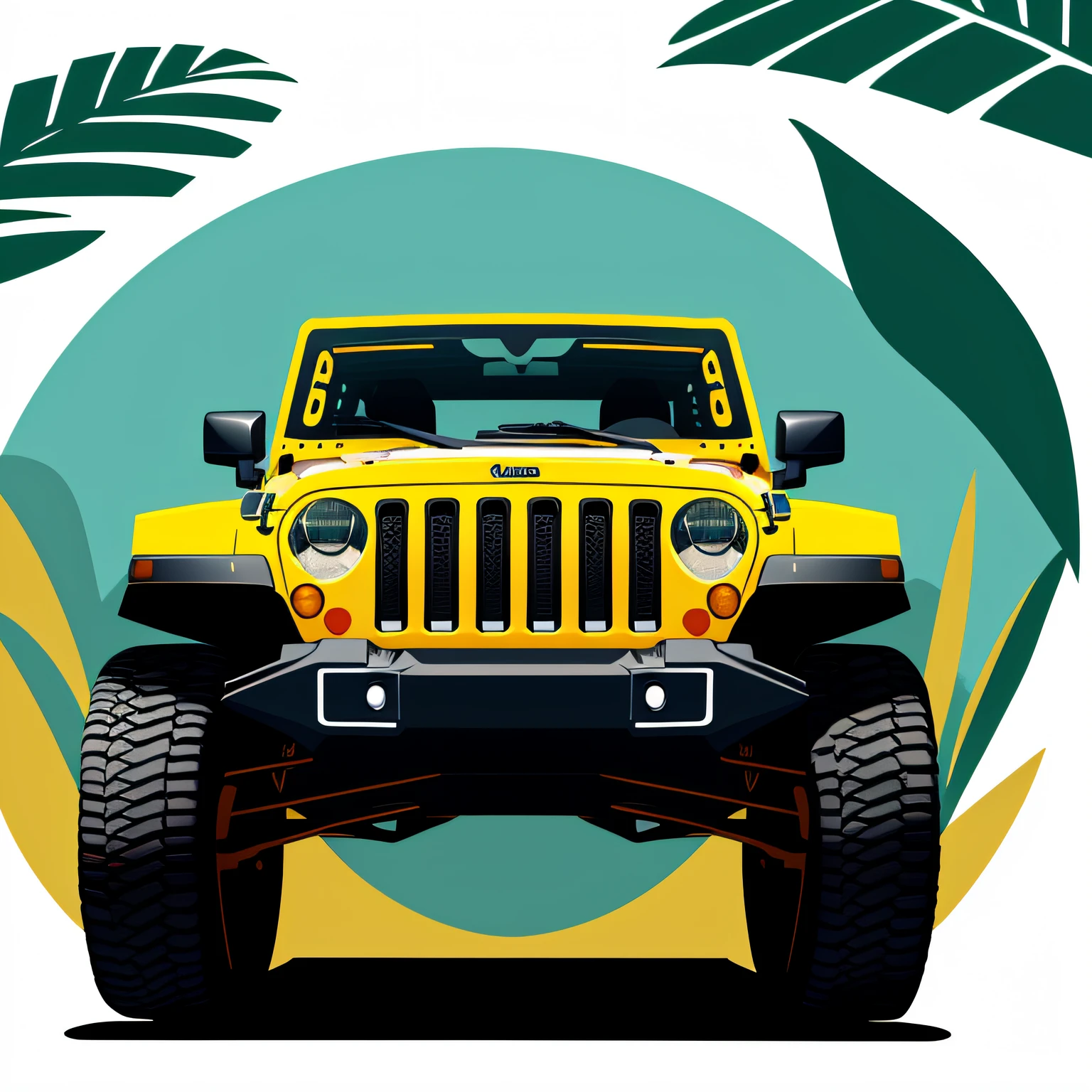 Vector illustration of an original jeep wrangler seen from the front, abstract artwork with leaves and tropical leaves behind the jeep wrangler --auto