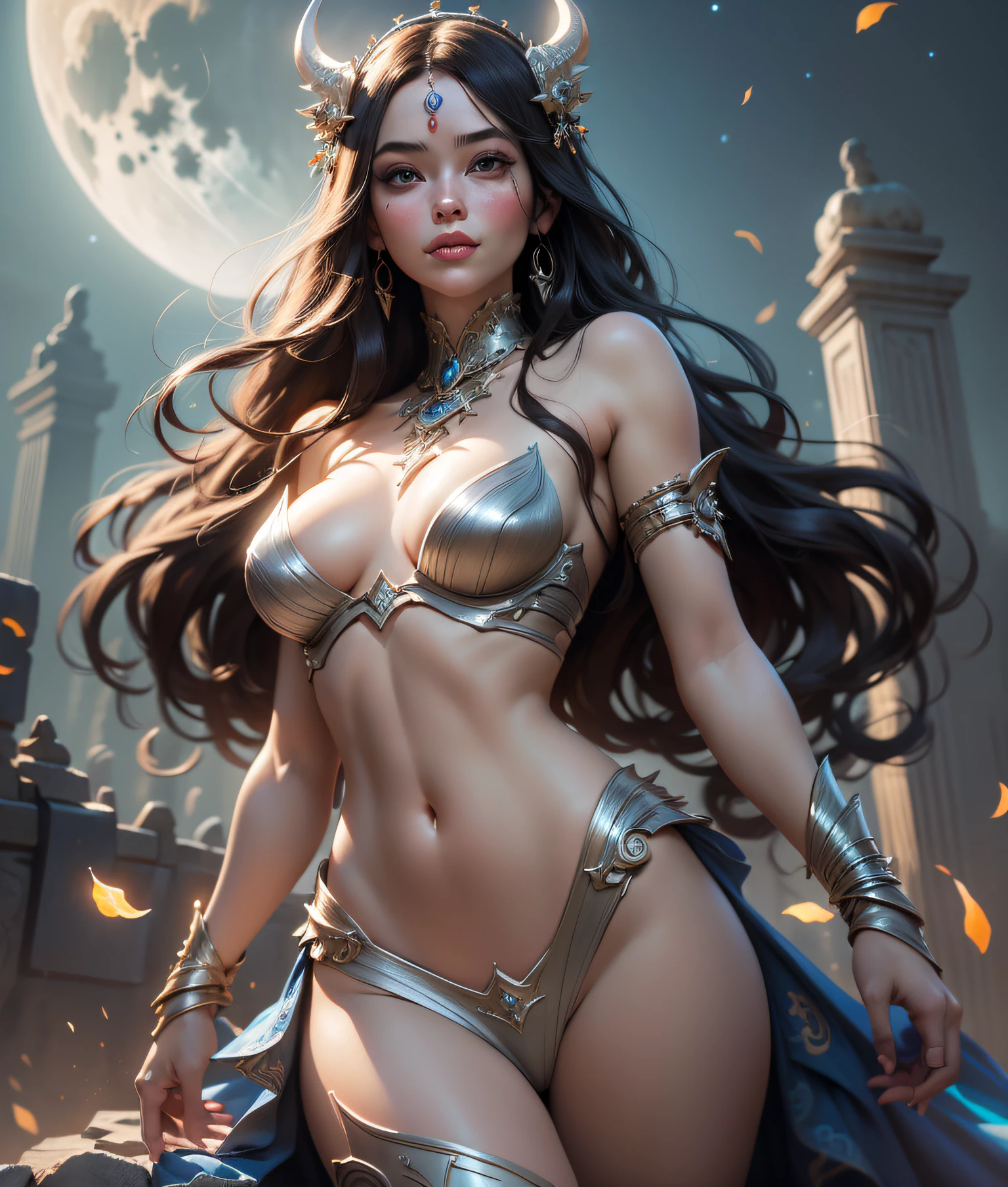 full body, masterpiece, best quality, (extremely detailed unity 8k CG wallpaper), (best quality), (best illustration), (best shadow), absurdities, realistic lighting, night, darkness, giant, Goddess, Ancient Goddess, Aphrodite, deity, glorious pose, night, moon, beautiful detailed brightness, luminous background glow,A masterpiece ultrarealistic ultra detailed full body portrait of a very beautiful Barbarian girl, massurrealism. medium shot, intricate, elegant, sexy, revealing, by stanley artgerm lau, wlop, rossdraws, james jean, andrei riabovitchev, marc simonetti, light by julie bell, ismail inceoglu, porcelain skin. global illuminatio