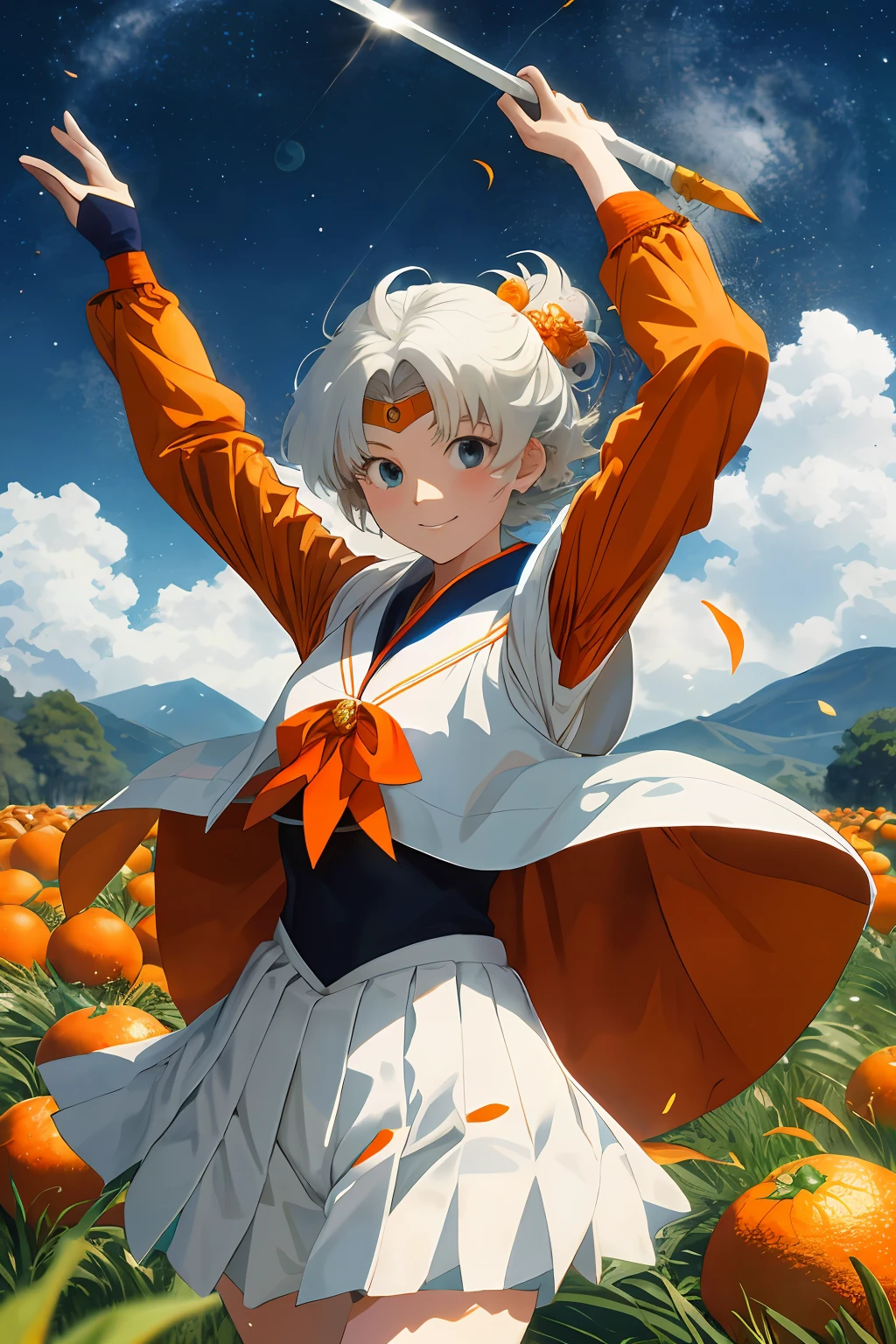 Masterpiece, best quality, 1 girl, full body, very pretty Japanese girls at 18 years old wearing orange battle suit and white cloak, Sailor Moon style, smile, working in the mandarin orange field on the hill, black and short bob hair, perfect anatomy, hair adornments、white glove、White long boots、White miniskirt with pleated type、Standing firmly on his feet, his hands are held high above his head and hold an orange baton like a sword