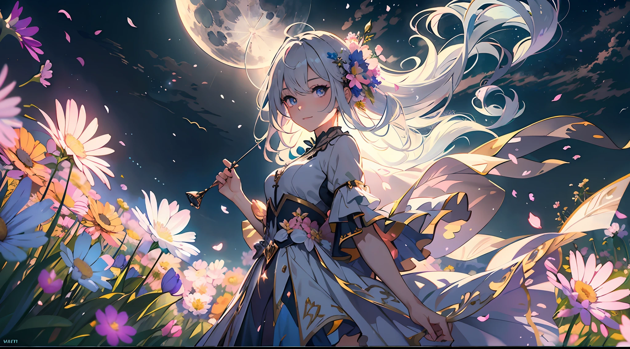 masterpiece, best quality, 1girl, (colorful),(delicate eyes and face), volumatic light, ray tracing, bust shot ,extremely detailed CG unity 8k wallpaper,solo,smile,intricate skirt,((flying petal)),(Flowery meadow) sky, cloudy_sky, moonlight, moon, night, (dark theme:1.3), light, fantasy, windy, magic sparks, dark castle,white hair