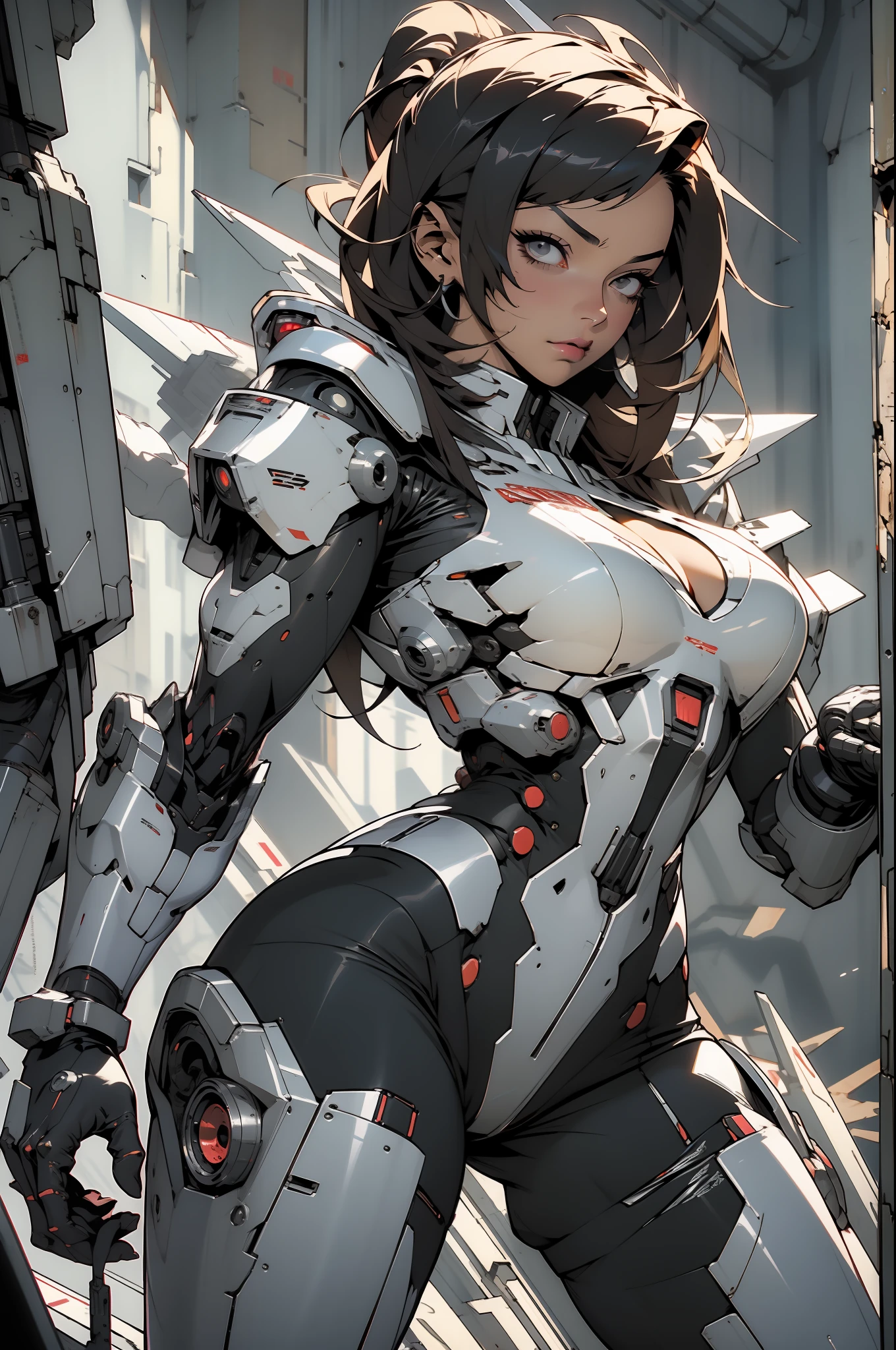 Uma mulher adulta poderosa em seu traje mecha mega detalhado, armamento pesado, viseira cyberpunk, grafismos hi-tech por todo o traje, melhor qualidade, obra prima, pose sexy, corpo perfeito