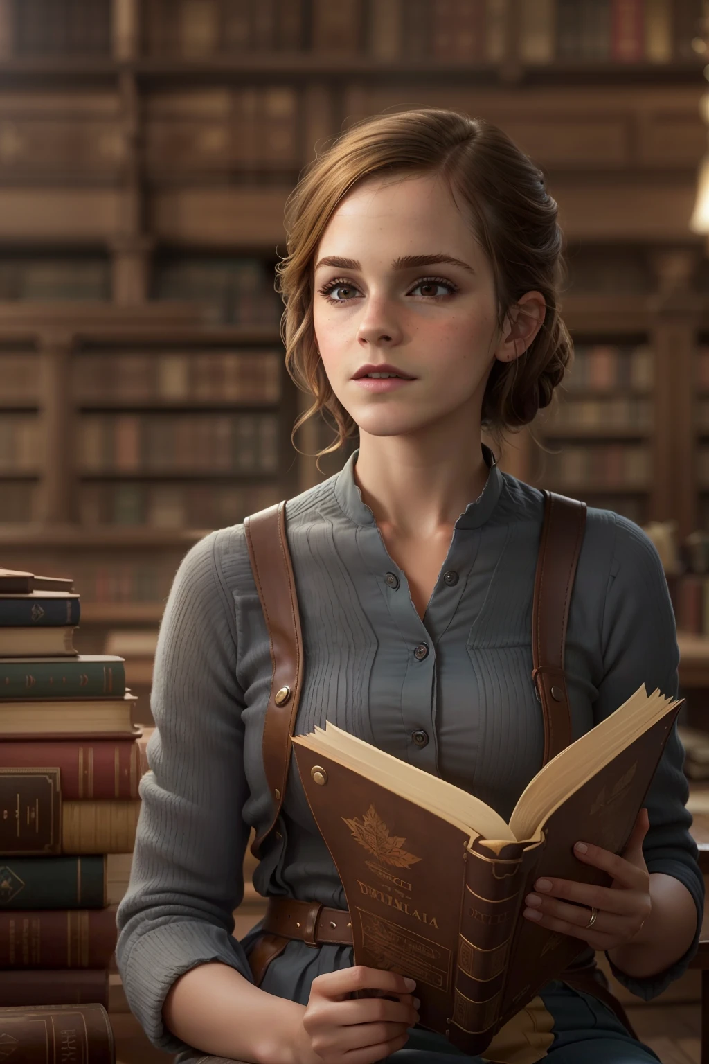 ((Emma Watson)), (she sits in an old library and leafs through a thick book),
Sommersprossen, ((she has small round breasts)),
(kleiner Kopf), ((detailliertes Gesicht)),
Weiches filmisches Licht, ((((Kino-Look)))), (fotorealistisch), (Raytracing), (scharfer Fokus), ((natural realistic skin texture)),
detailliertes Gesicht, detaillierte Lippen, detaillierte Augen, doppeltes Augenlid, (((side_view_perspective))