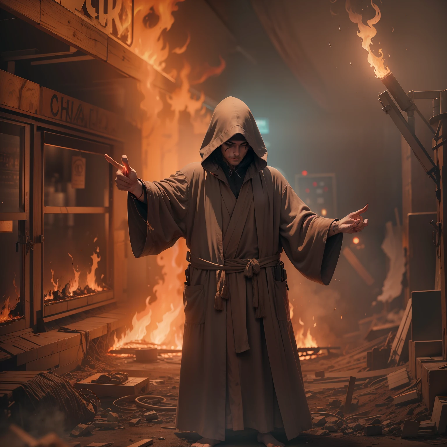 a figure dressed in a rustic robe with a hood over his head, inside a completely burning nightclub pointing the way