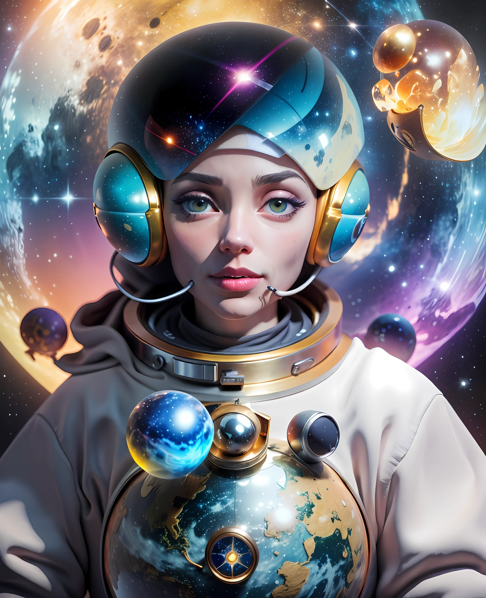 A man in an astronaut's costume holding a luminous orb, Holding a planet, cosmic and colorful, Journeys in espace, Art of eSpace, Papier peint incroyable, Style cosmique, Colors of espace, espace, Psychedelic atmosphere, 🚀🌈🤩, Univers Psychonaut, Illumination cosmique, In espace, Tenir la terre, astronaute, Astronaute futuriste, eespace, Eespace cosmique, inspired by Cyril Rolando