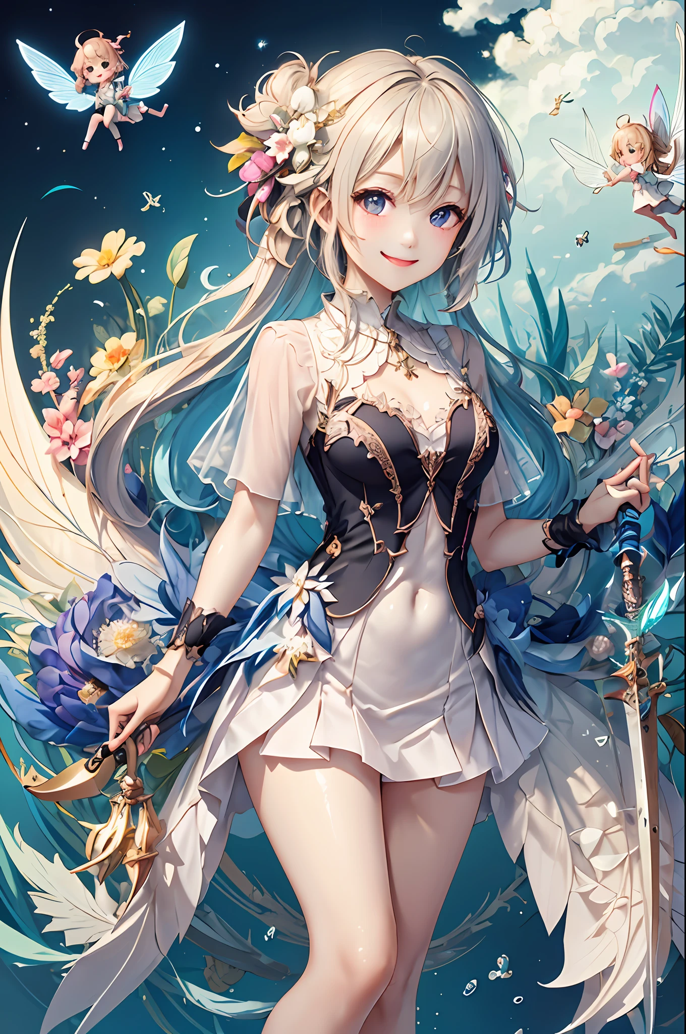 Welcome to the unknown、Chibi fairy will guide you、kindly smile、Beautiful girl with a sense of transparency、beautiful fairies、Large transparent blade、stare at each other、laugh