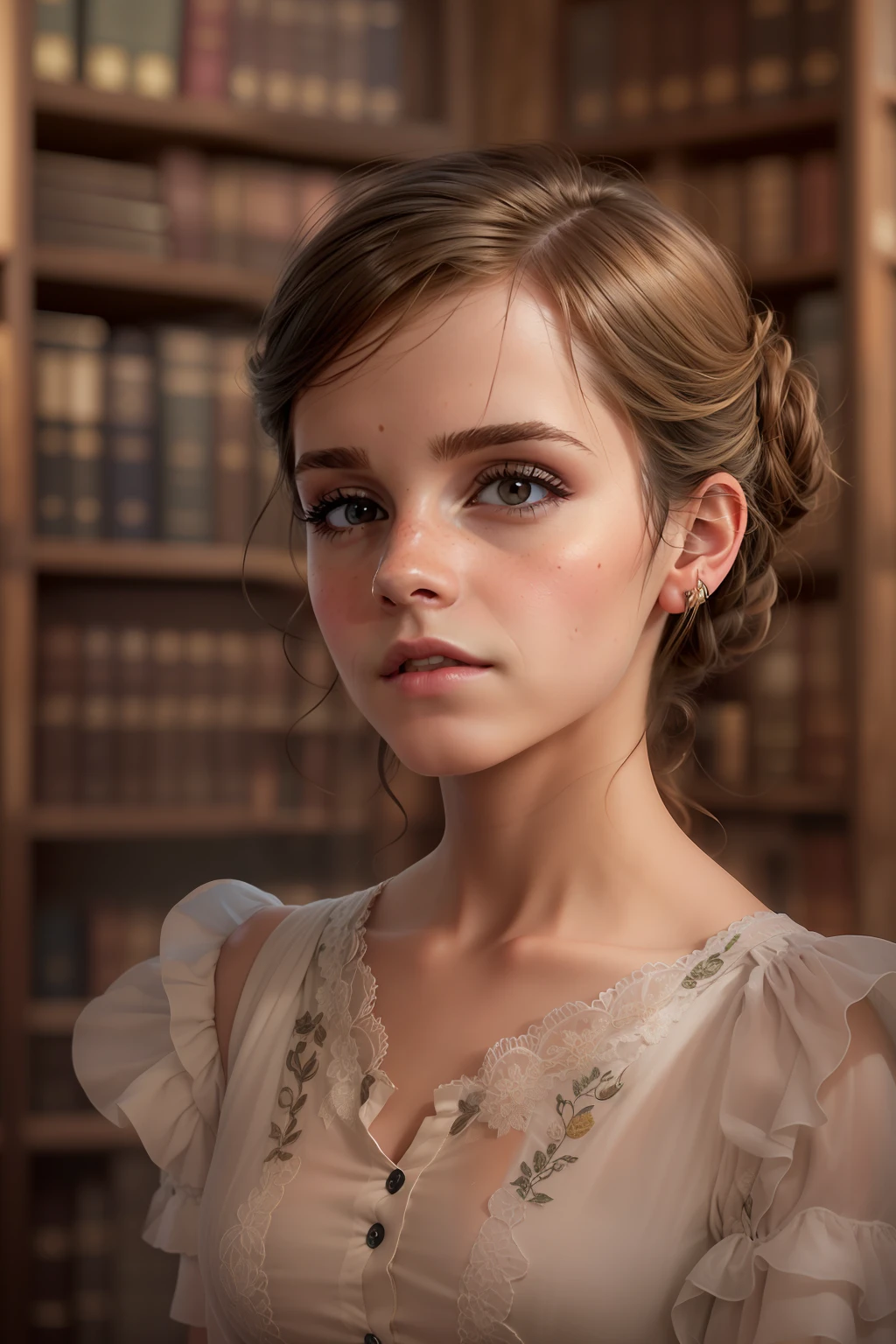 ((Emma Watson)), (she sits in an old library and leafs through a thick book),
Sommersprossen, ((she has small round breasts)),
(kleiner Kopf), ((detailliertes Gesicht)),
Weiches filmisches Licht, ((((Kino-Look)))), (fotorealistisch), (Raytracing), (scharfer Fokus), ((natural realistic skin texture)),
detailliertes Gesicht, detaillierte Lippen, detaillierte Augen, doppeltes Augenlid, (((side_view_perspective))