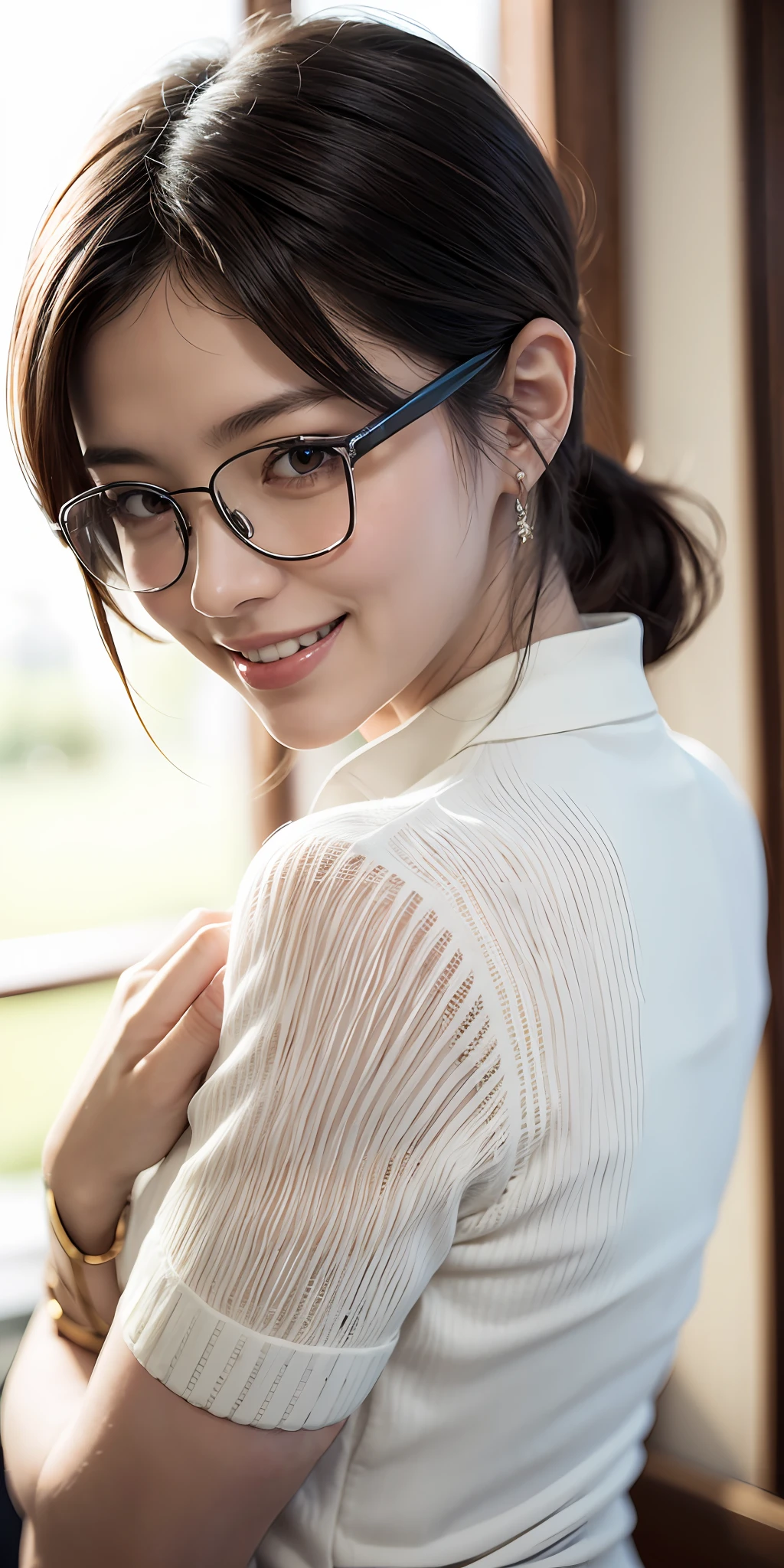 8K、top-quality、masterpiece、realisitic、The ultra-detailliert、Photo Real、hyper realstic、Smooth lighting、Improved lighting quality in movies、Realistic lighting、Back lighting、brightened light、enhanced quality、Top quality real texture skins、
write、Thin、cute face、A smile、beautiful finely detailed eyes、Japan 19-year-old、eye glass、White blouses