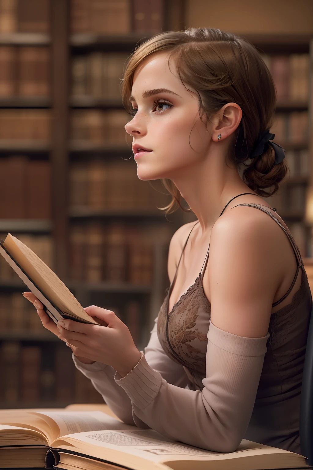 ((Emma Watson)), (she sits in an old library and leafs through a thick book),
Sommersprossen, ((she has small round breasts)),
(kleiner Kopf), ((detailliertes Gesicht)),
Weiches filmisches Licht, ((((Kino-Look)))), (fotorealistisch), (Raytracing), (scharfer Fokus), ((natural realistic skin texture)),
detailliertes Gesicht, detaillierte Lippen, detaillierte Augen, doppeltes Augenlid, (((side_view_perspective))