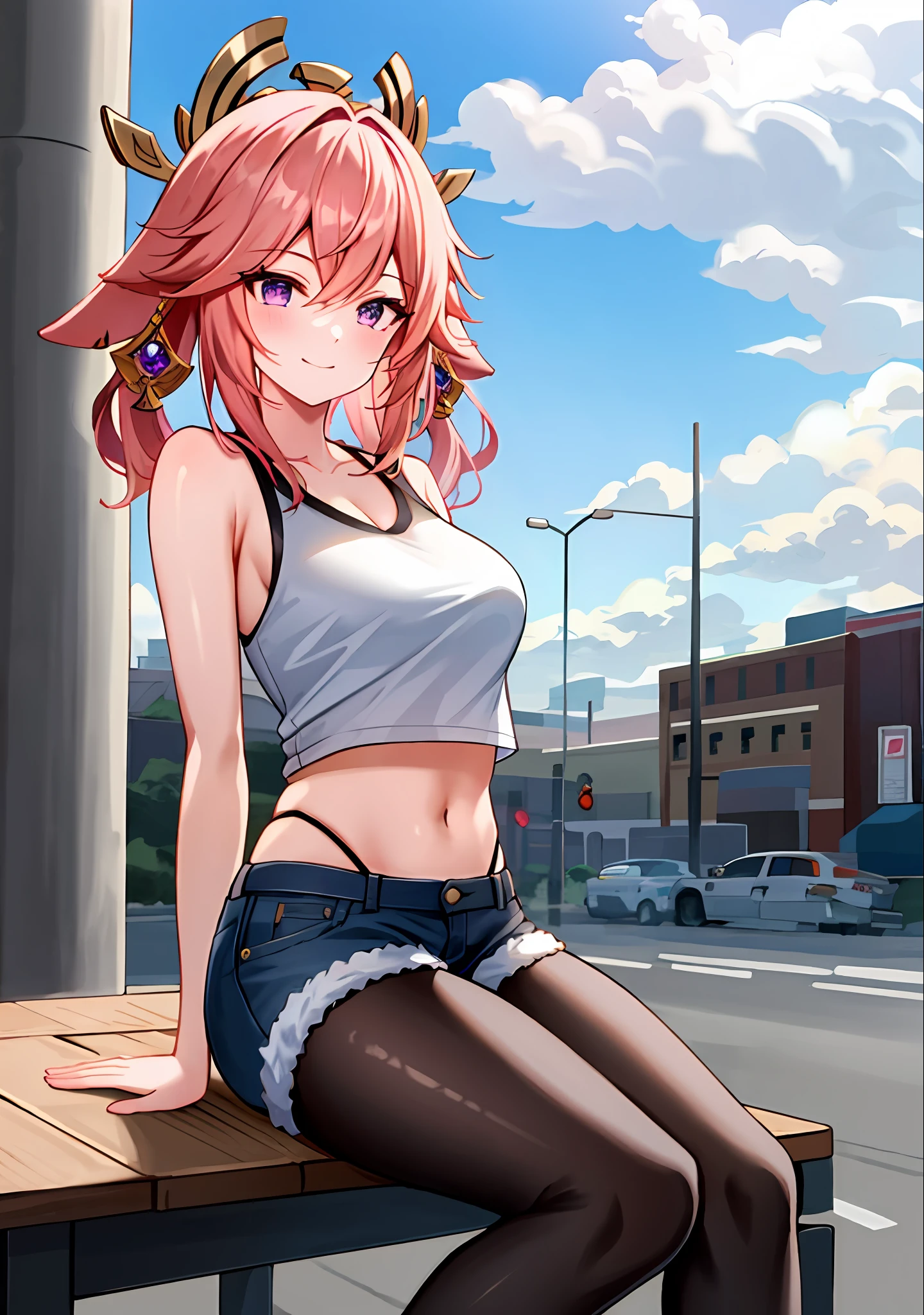 (masterpiece, best quality, ultra-detailed), yae miko \(genshin impact\), (pink hair), cone hair bun, twin tails, long hair, swept bangs, braid, braided bangs, purple eyes, pink eyes,
(wearing a t-shirt:1.2), sitting on a chair outside of caf, embracing the natural beauty, sunlight, beautiful cloudy sky, city, street, denim shorts, black stocking,
medium breasts, thick thighs, critical angle, cowboy shot, arm behind head, arm behind back, armpits, light smile, crop top, strong and seductive expressions,,
