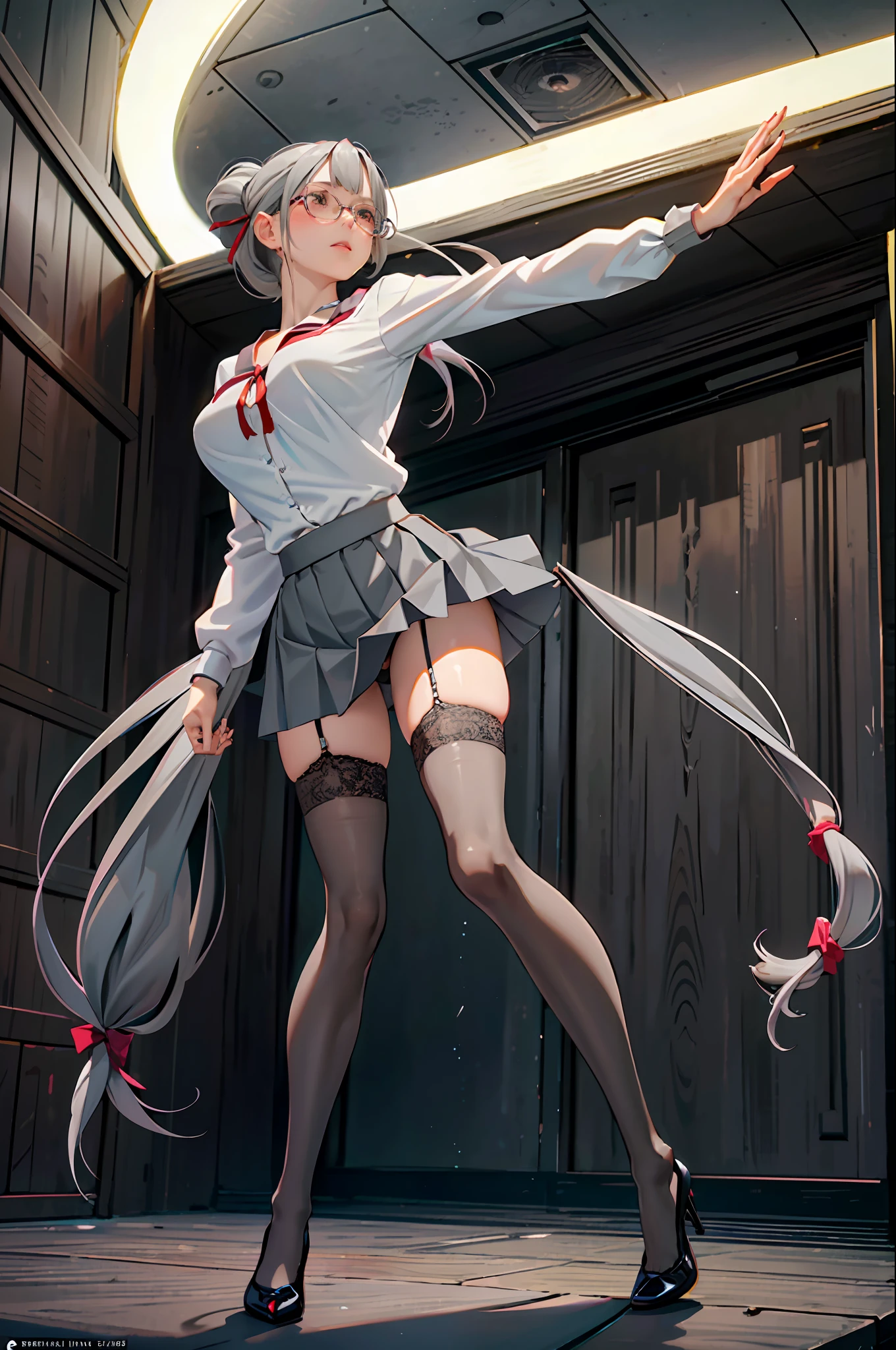 (((best qualtiy))), ((ultra - detailed)), (At the office), (highly detailed CGillustration), ((Very fine and beautiful)),Mature and beautiful,flustered, full blush, view the viewer,Ultra-detailed CG,Exquisite facial features,Clear facial expressions,Detailed digital anime art,Digital anime art,High quality anime art style, (Masterpiece), Best quality, Perfect face, ((1girll)), Mature woman, Leaning forward, ((Very long gray hair:1.5)), High ponytail, extremely giant breasts, Hanging breasts, cleavage, Narrow waist, ((ribbon:1.2)), Wearing glasses, ((Superskirt:1.5)), choker necklace, Very small shirt, Transparent shirt, ((White skirt:1.2)), ((The skirt was blown away)), ((Mini tight skirt: 1.5)), ((full body:1.5)), High heels, Garters, ((Lace stockings:1.2)), ((Long and slender legs)), Beautiful legs,Erotic,Seductive pose, ((show underwear, Show panties:1.2)),accidental exposure, Expose breasts,((standing:1.2)), (Open legs:1.2), ((Front Shooting)), Slender figure,(flightattendantuniform:1.5),up front view, mini-skirts, thermography, Red skirt,waist-up