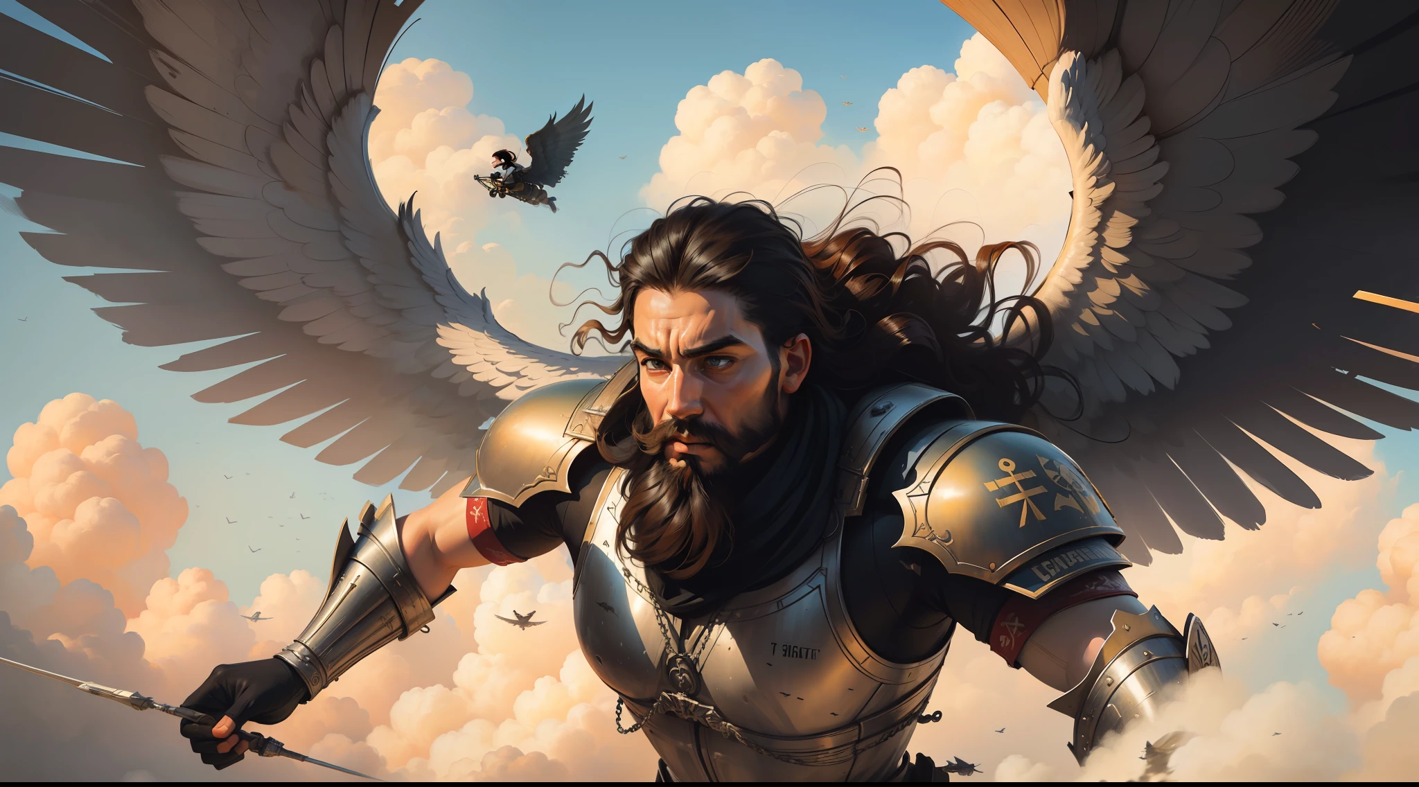 Obra de arte, (obra prima), fantastic realism Beautiful war angels, guerreiros, com barba detalhada, Flying beautiful temple in the skies, imagem deslumbrante, --auto