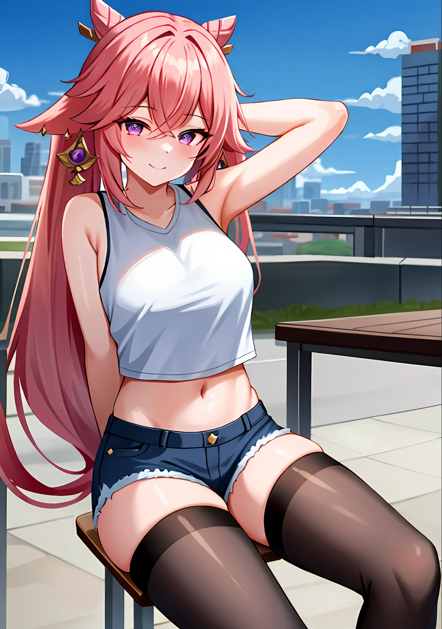 (masterpiece, best quality, ultra-detailed), yae miko \(genshin impact\), (pink hair), cone hair bun, twin tails, long hair, swept bangs, braid, braided bangs, purple eyes, pink eyes,
(wearing a t-shirt:1.2), sitting on a chair outside of caf, embracing the natural beauty, sunlight, beautiful cloudy sky, city, street, denim shorts, black stocking,
medium breasts, thick thighs, critical angle, cowboy shot, arm behind head, arm behind back, armpits, light smile, crop top, strong and seductive expressions,,