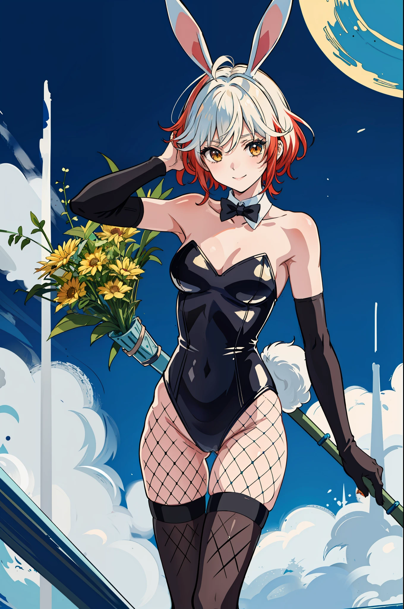 ​masterpiece, top-quality, absurderes, perfect anatomia, one girls, 独奏, Pascal's Story, shorth hair, is standing, A smile, bunnygirl, Bunny Girl Costume, fishnet tights, Rabbit ear bands, Vinyl One Piece Swimsuit, No shoulder strap, Playboy Bunny,Black costume,A sexy