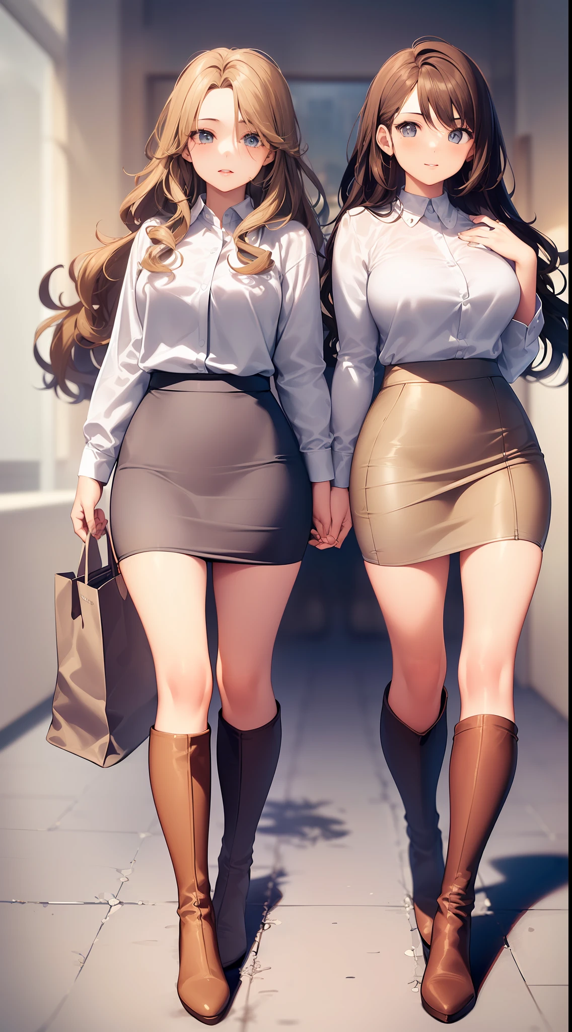 2girls, duo, twin sisters, teenagers, ((one brown haired girl, one blonde girl)), long hair, brown hair, blonde hair, curly hair, hazel eyes, looking at viewer, matching hairstyles, different hair colors, (((matching outfits, identical outfits, white shirt, grey pencil skirt, brown go-go boots, knee boots, high heeled boots))), full body