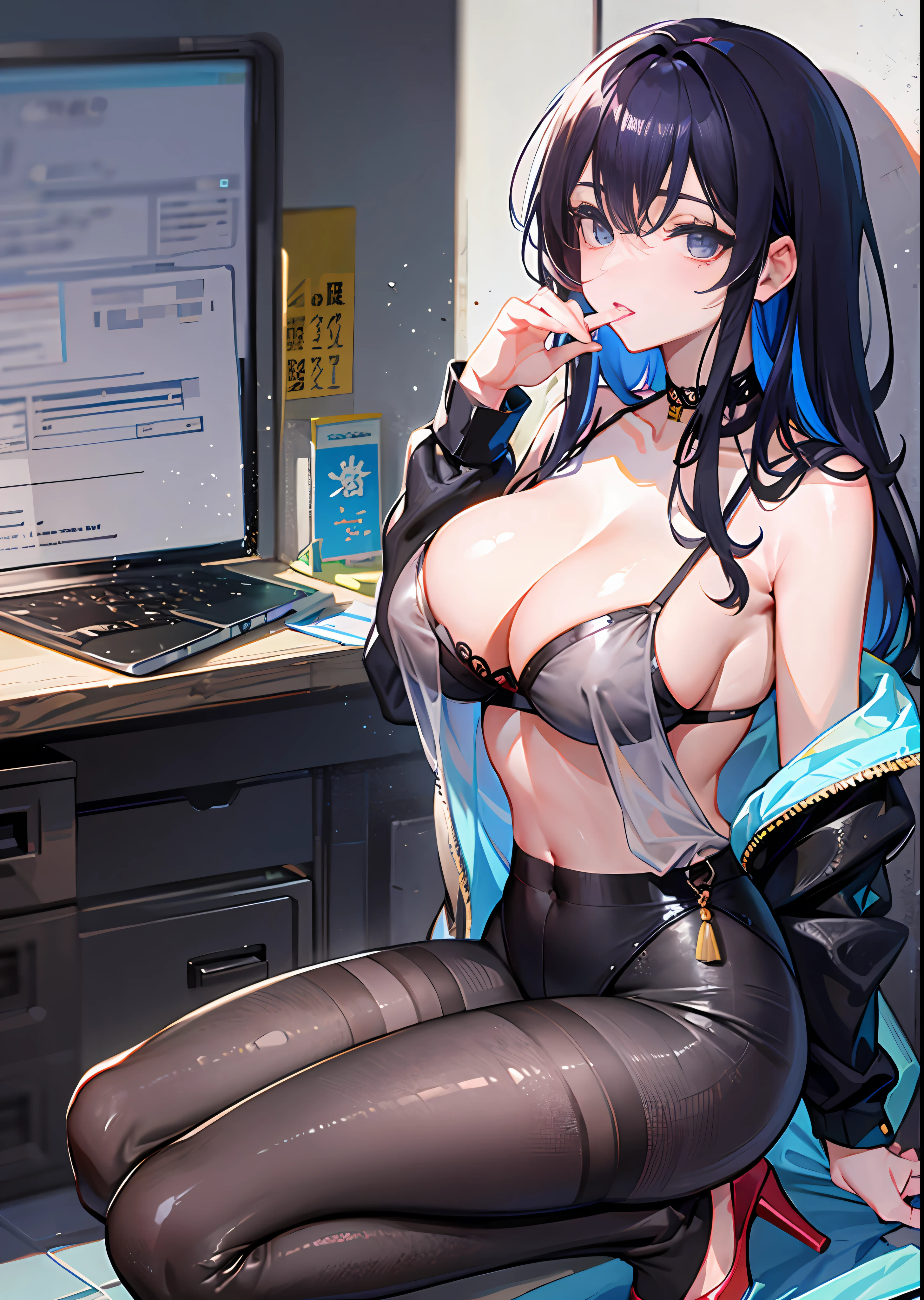 穿着超短裙和接缝丝袜的美丽性感秘书全身照片，stands_straight, ((solo)), adult, in the office, high heels, craves, strokes_herself