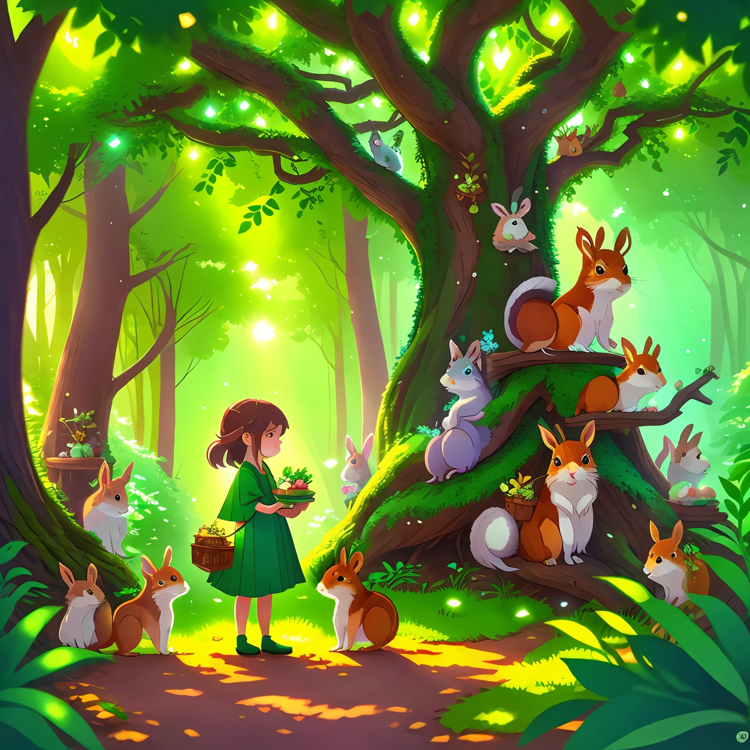 The Ellie is standing in the forest,Face the huge oak tree。A green light illuminated her side,She held a treasure box with shimmering emeralds in her hand。And beside her,Cute little squirrel、The rabbit celebrates her victory with friendly wolves,They all wear gemstone necklaces and garlands,Show great joy,Cartoon Photography --auto