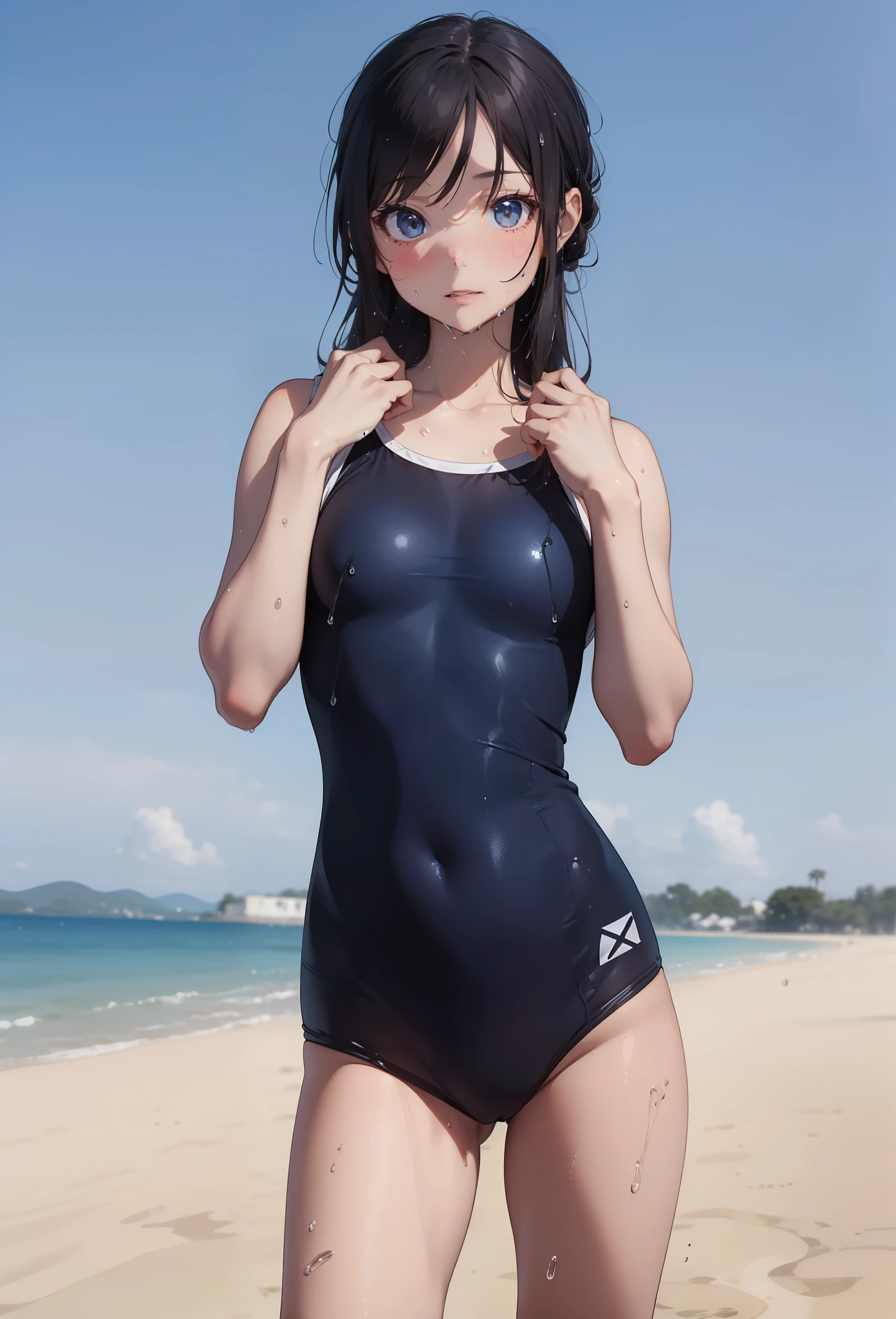 ((top-quality))、((​masterpiece))、1girl in、Formal-up、beautiful detailed eyes and face、pretty skin、Realistic、a very cute、22year old、School swim wear(Dark blue color、Simple design、Matte texture、Wrinkle、Wet、Polyester material、shadings、)Wet body、Anime Face、Beautie、Facing the front、big eye(Beautiful fece、Anime Face、Clear eyes、Fine details、beautidful eyes)Well-formed face(Beautiful nasal muscles、Perplexed、sharp mouth)full of sweat、sodden、Wet feeling、Background with(sunny sky、takeout)、8K picture quality、perfectly proportions、A slender、red blush、female focus on, hair adornments,length hair, Look at viewers,