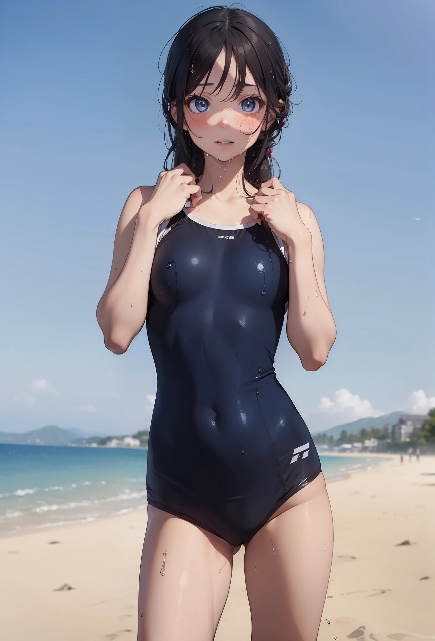 ((top-quality))、((​masterpiece))、1girl in、Formal-up、beautiful detailed eyes and face、pretty skin、Realistic、a very cute、22year old、School swim wear(Dark blue color、Simple design、Matte texture、Wrinkle、Wet、Polyester material、shadings、)Wet body、Anime Face、Beautie、Facing the front、big eye(Beautiful fece、Anime Face、Clear eyes、Fine details、beautidful eyes)Well-formed face(Beautiful nasal muscles、Perplexed、sharp mouth)full of sweat、sodden、Wet feeling、Background with(sunny sky、takeout)、8K picture quality、perfectly proportions、A slender、red blush、female focus on, hair adornments,length hair, Look at viewers,