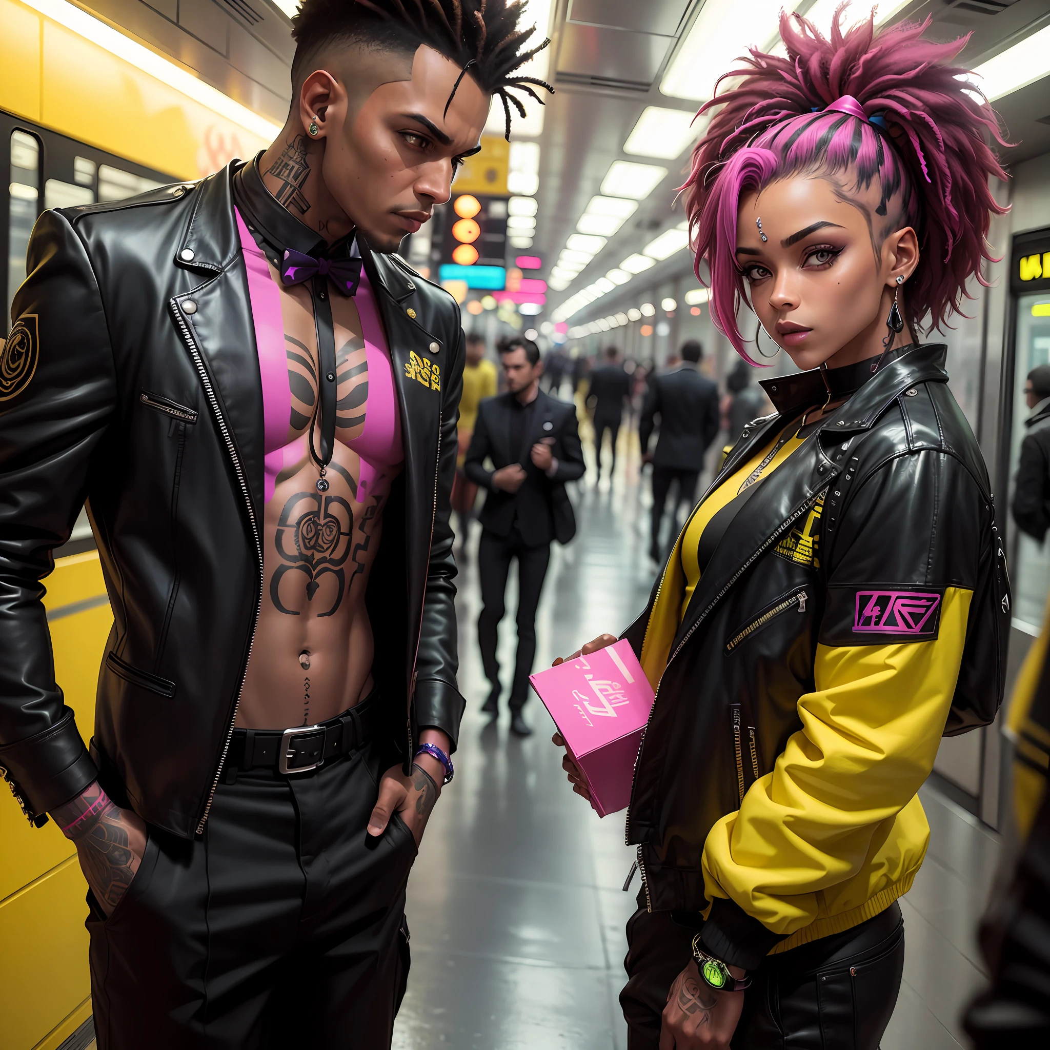 gostaria de uma imagem estilo cyberpunk em 4k de um homem de mais ou menos 50 anos , forte, de pele negra ,com cabelo punk estilo anos 80 na cor amarelo e cinza escuro,muito eLegante,,  futurista e estiloso neon , com uma tatuagem super colorida e com neon ,Toattoo, facing a metro station on the platform , with station lights failing in a dimly lit environment, standing dressed in a dark yellow suit with a pink bow tie