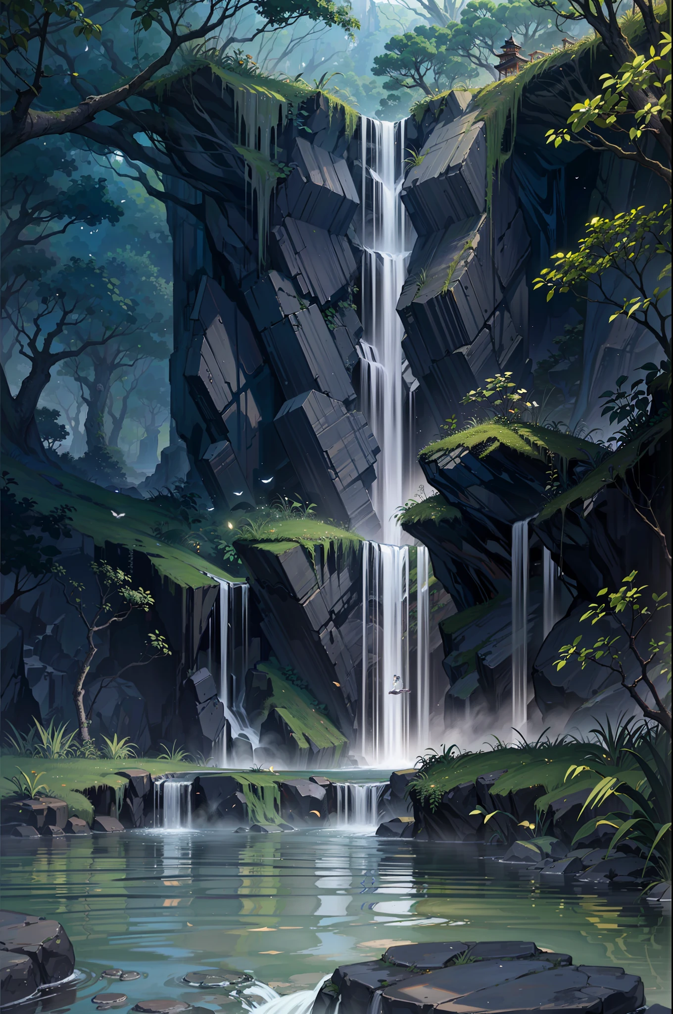 Hot springs, water vapor, waterfalls, ancient Chinese times, spring, jungle, lake, cave, tree, meadow, (illustration: 1.0), epic composition, realistic lighting, HD details, masterpiece, best quality, (very detailed CG unified 8k wallpaper) --auto