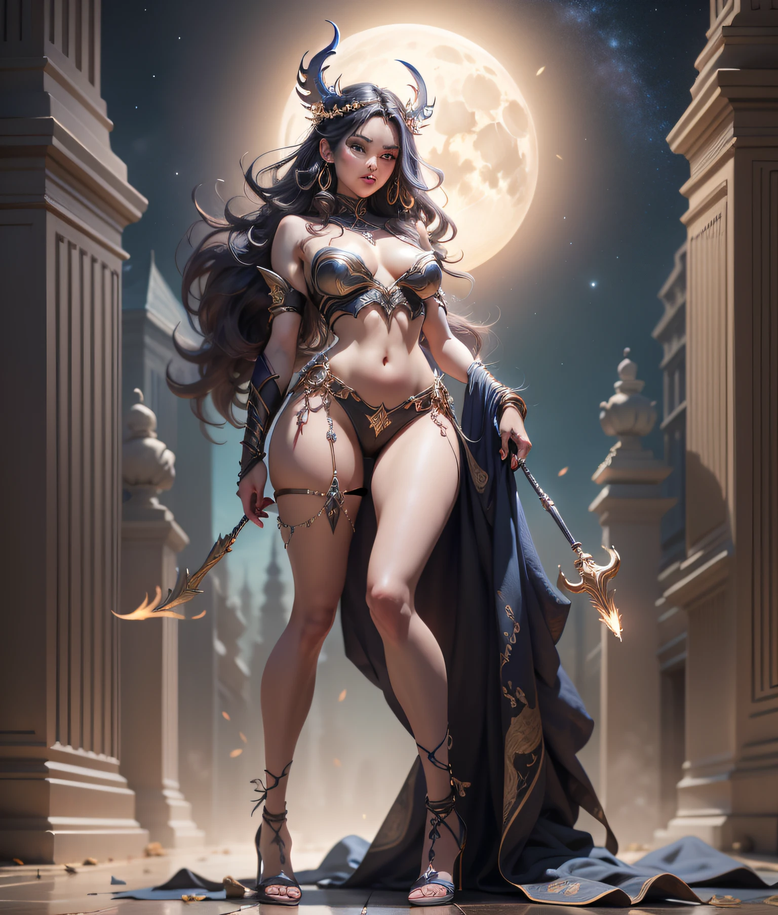 full body, masterpiece, best quality, (extremely detailed unity 8k CG wallpaper), (best quality), (best illustration), (best shadow), absurdities, realistic lighting, night, darkness, giant, Goddess, Ancient Goddess, Aphrodite, deity, glorious pose, night, moon, beautiful detailed brightness, luminous background glow,A masterpiece ultrarealistic ultra detailed full body portrait of a very beautiful Barbarian girl, massurrealism. medium shot, intricate, elegant, sexy, revealing, by stanley artgerm lau, wlop, rossdraws, james jean, andrei riabovitchev, marc simonetti, light by julie bell, ismail inceoglu, porcelain skin. global illuminatio