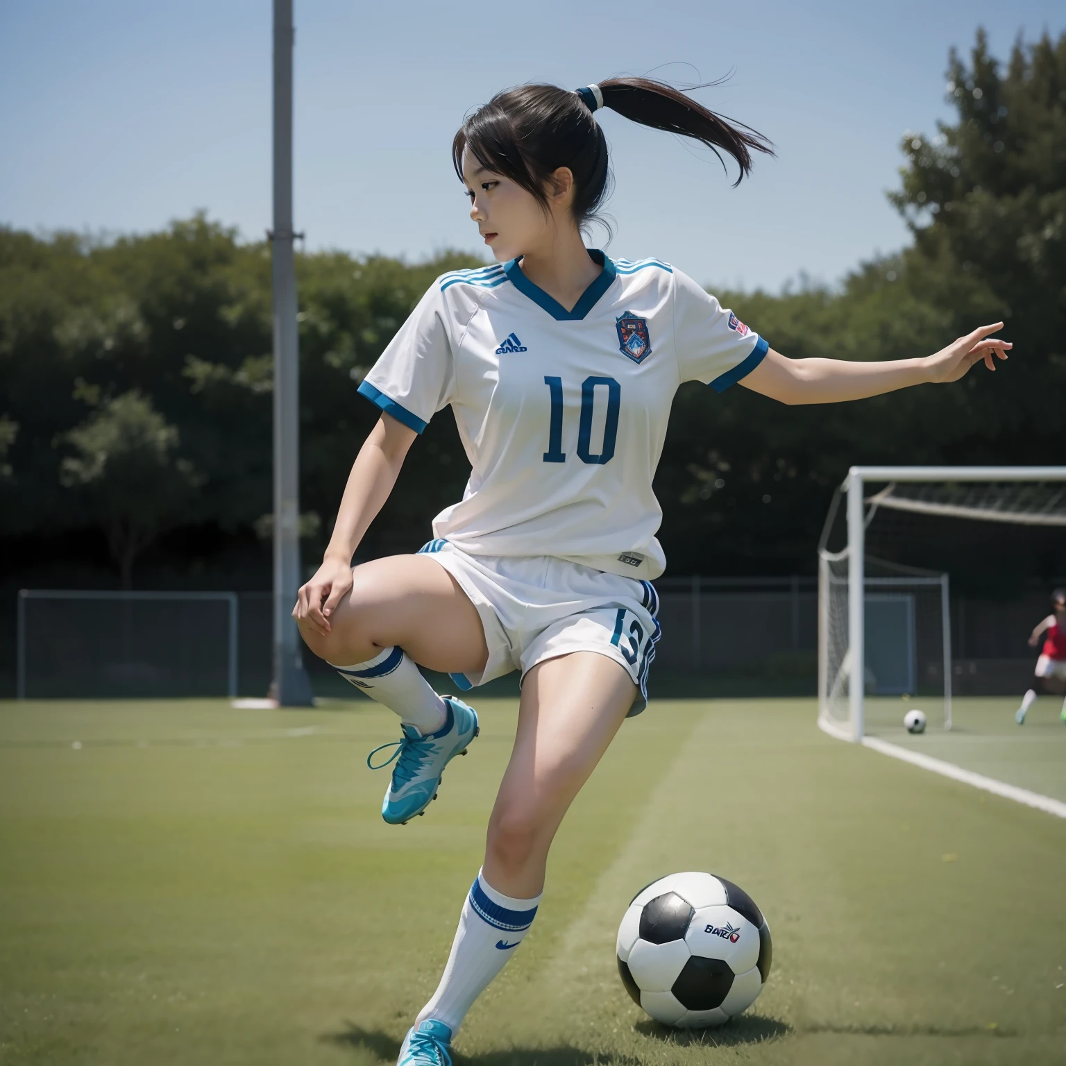 Japanese woman playing soccer, 1 person, solo, 1 ball, ball kicking pose, realistic, ponytail, full body