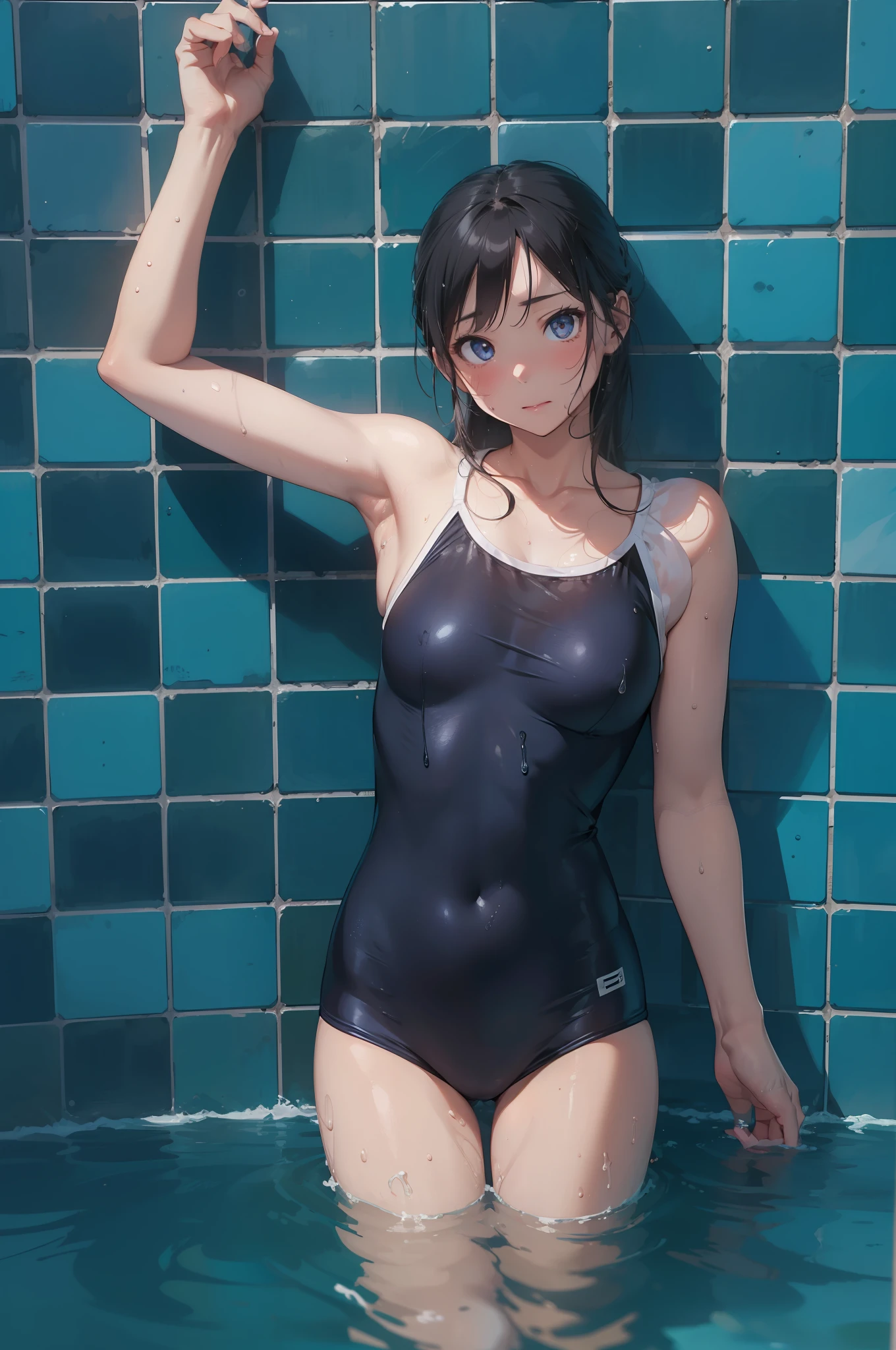 ((top-quality))、((​masterpiece))、1girl in、Formal-up、beautiful detailed eyes and face、pretty skin、Realistic、a very cute、22year old、School swim wear(Dark blue color、Simple design、Matte texture、Wrinkle、Wet、Polyester material、shadings、)Wet body、Anime Face、Beautie、Facing the front、big eye(Beautiful fece、Anime Face、Clear eyes、Fine details、beautidful eyes)Well-formed face(Beautiful nasal muscles、Perplexed、sharp mouth)full of sweat、sodden、Wet feeling、Background with(sunny sky、takeout)、8K picture quality、perfectly proportions、A slender、red blush、female focus on, hair adornments,length hair, Look at viewers,