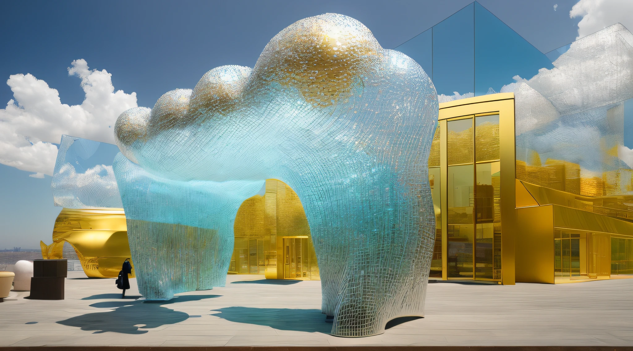 There is a huge cloud sculpture on the checkered floor, large translucent art statues, colourful biomorphic temple, author:Chass is silent, inspired by Jeff Koons, statue made of glass, author:Jeff Koons, glasssculpture, outdoor art installation, abstract sculpture, sculpture made of gold, Giant sculpture, golden curve structure, liquid sculpture