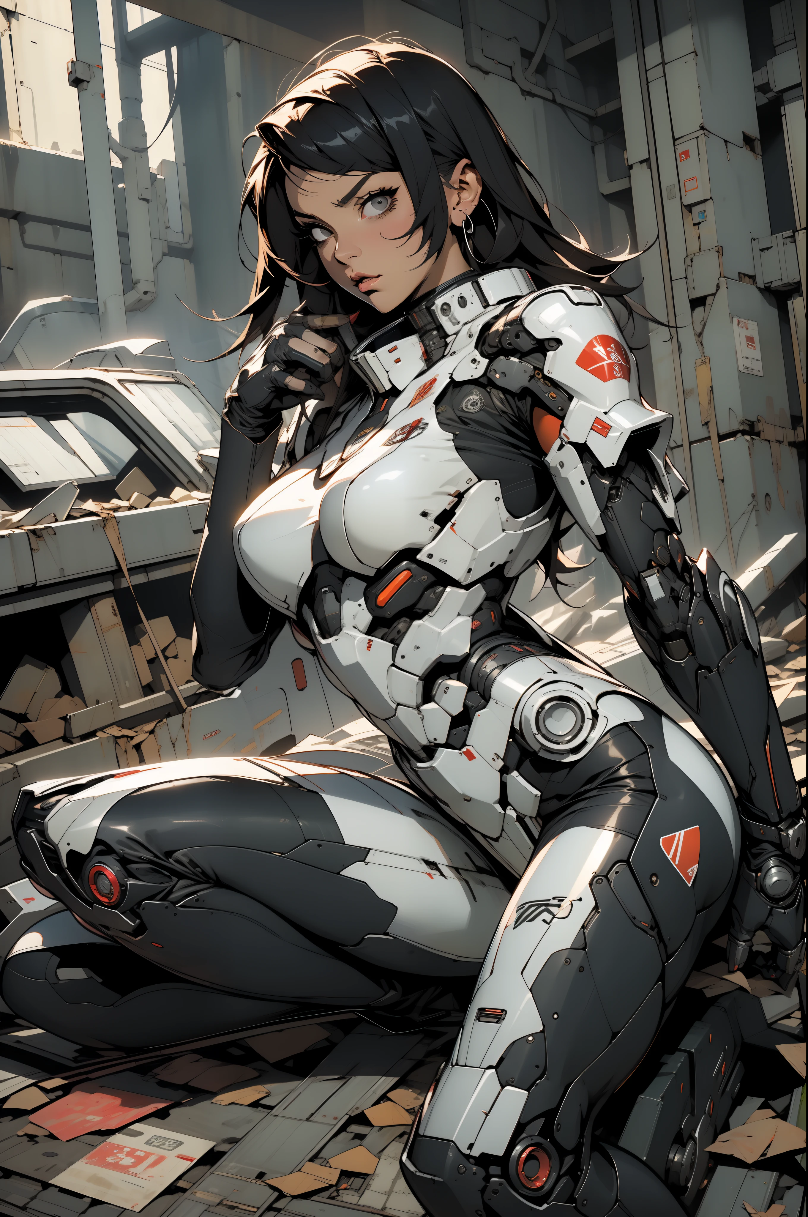 Uma mulher adulta poderosa em seu traje mecha mega detalhado, armamento pesado, viseira cyberpunk, grafismos hi-tech por todo o traje, melhor qualidade, obra prima, pose sexy, corpo perfeito