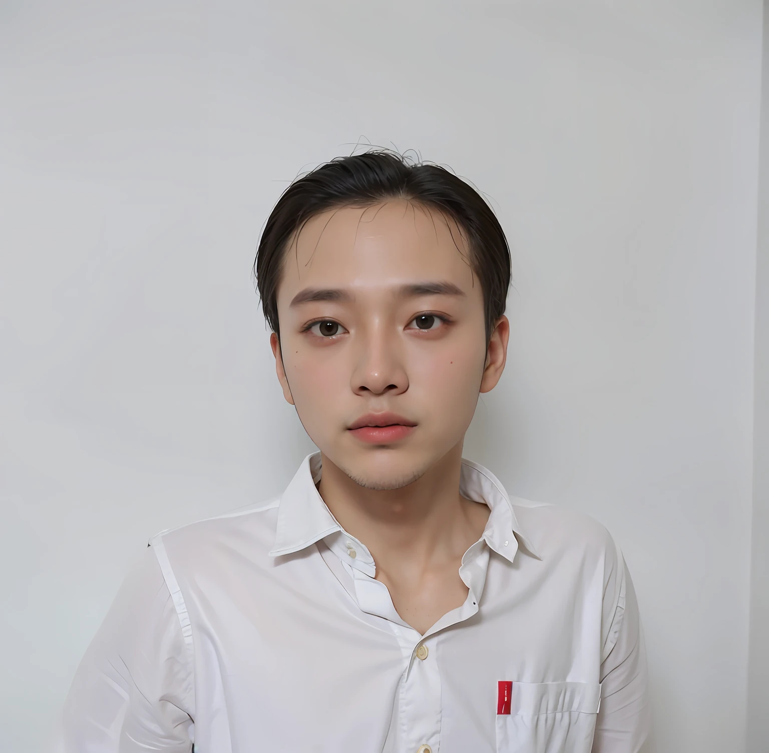 In front of the wall stood a handsome man in a white shirt, (highdetailskin:1.2), 8K  UHD, Digital SLR, Soft lighting （Black male perm），（eye closeup），mannequin，（handsome）Clear  eyes，Men's hairstyles，黑The eye，