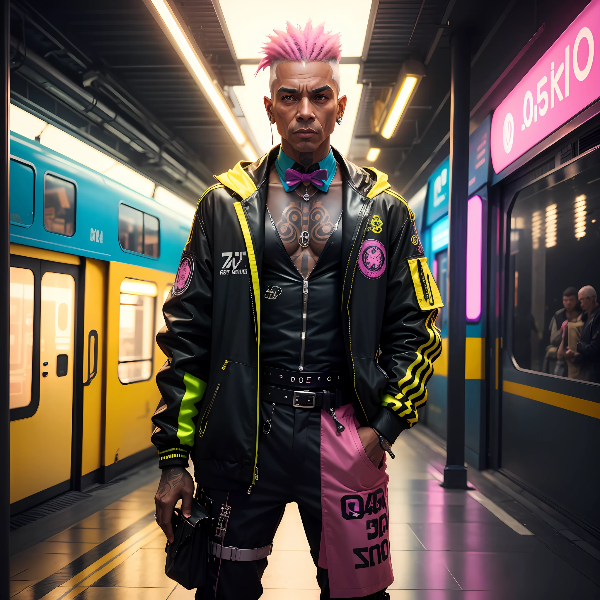 gostaria de uma imagem estilo cyberpunk em 4k de um homem de mais ou menos 50 anos , forte, de pele negra ,com cabelo punk estilo anos 80 na cor amarelo e cinza escuro,muito eLegante,,  futurista e estiloso neon , com uma tatuagem super colorida e com neon ,Toattoo, facing a metro station on the platform , with station lights failing in a dimly lit environment, standing dressed in a dark yellow suit with a pink bow tie