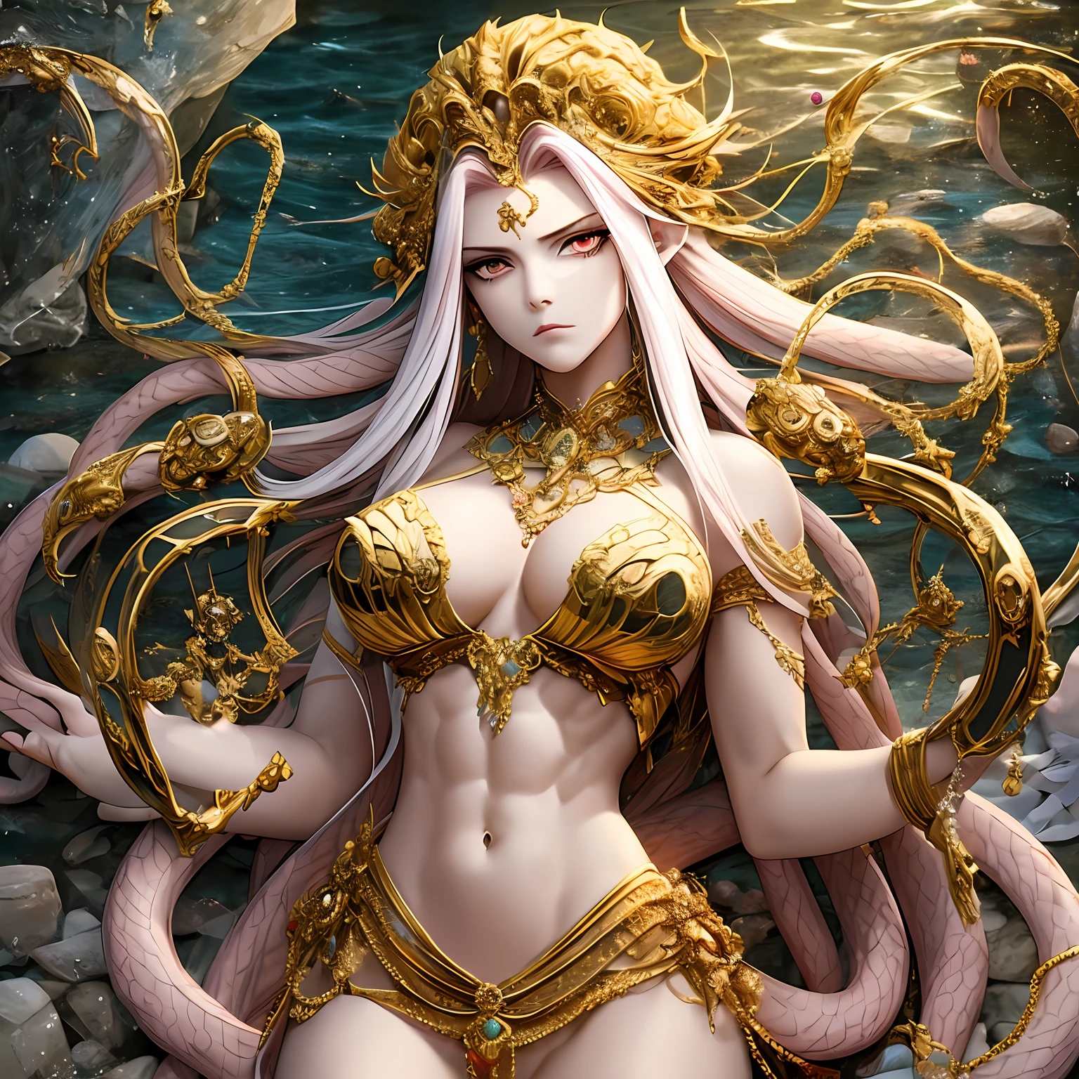 Medusa, hair composed of pink snakes, reddish white eyes, ultra-detailed sea surface, skulls in the reflection of her eyes, background of white stone statues of muscular and mature men, expression of anger and hatred, symbol of the feminine in the center, well-structured female body, golden jewels all over her body