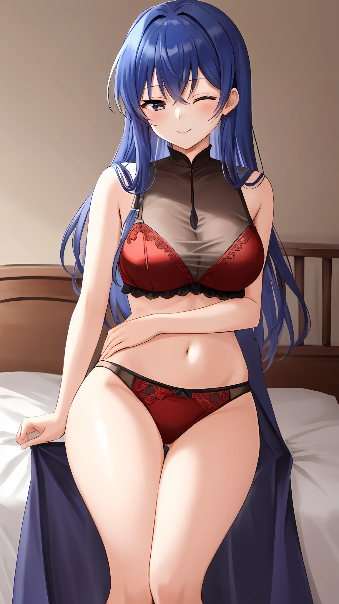 Caeda FE, 1girl, 独奏,in one's underwear only, red-lingerie,  looking at the viewers, sitted, On the bed, a smile, cowboy  shot, Thighs thick thighs, one eye closed,