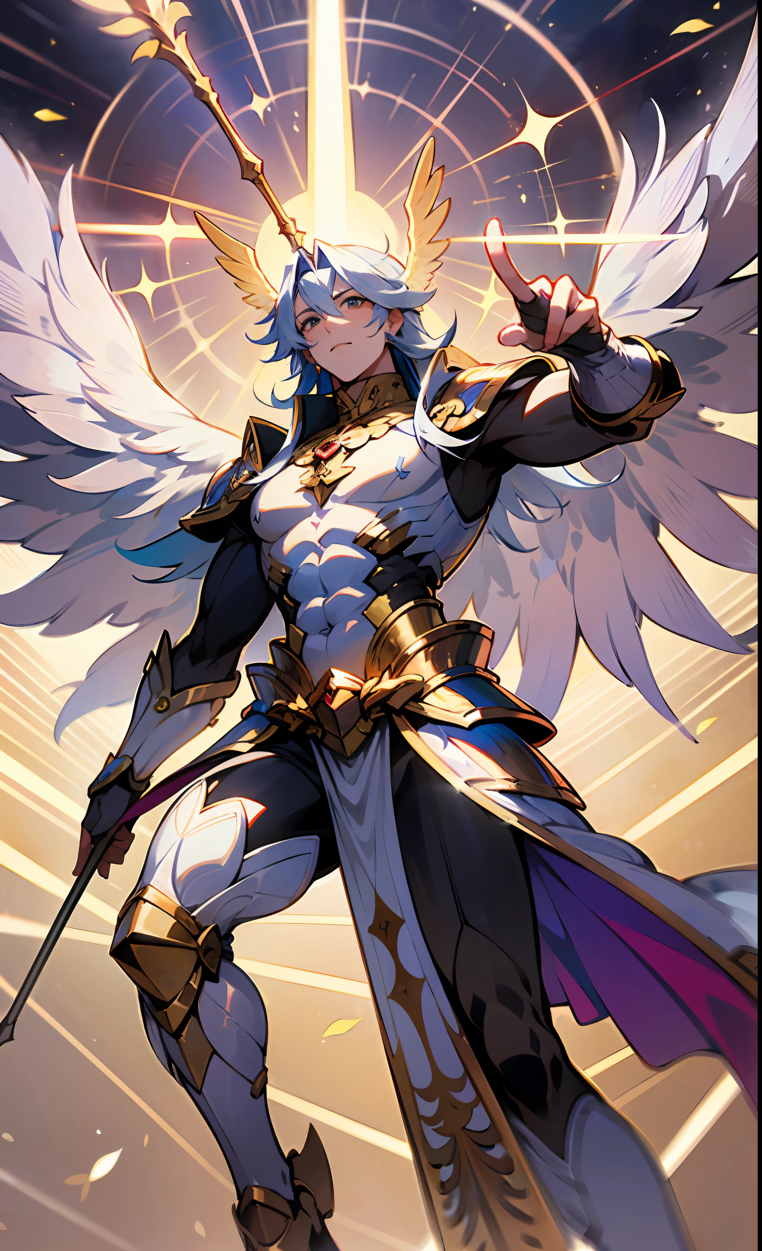 ((A majestic male god)) with ((four magnificent wings)), elegantly shooting an arrow from his God bow, adorned in a shining white adamantium scale armor. He soars through the boundless sky, capturing a mesmerizing full-body shot of this celestial seraphim.