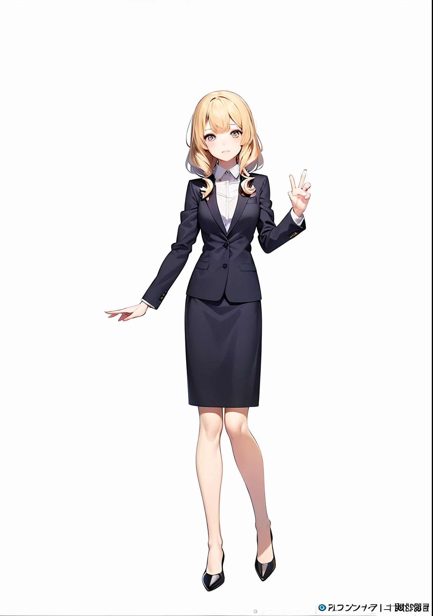 Woman in business suit standing with hands in the air, anime vtuber full body model, single character full body, a female anime character, Anime girl named Lucy, Girl in suit, Anime visuals of cute girls, anime full body illustration, Girl in a suit, Official art, full body single character, Anime Best Girl, kinmoza!