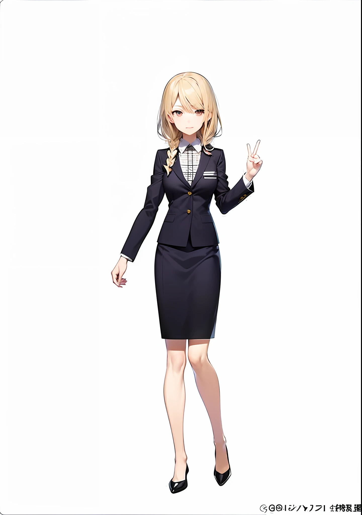 Woman in business suit standing with hands in the air, anime vtuber full body model, single character full body, a female anime character, Anime girl named Lucy, Girl in suit, Anime visuals of cute girls, anime full body illustration, Girl in a suit, Official art, full body single character, Anime Best Girl, kinmoza!